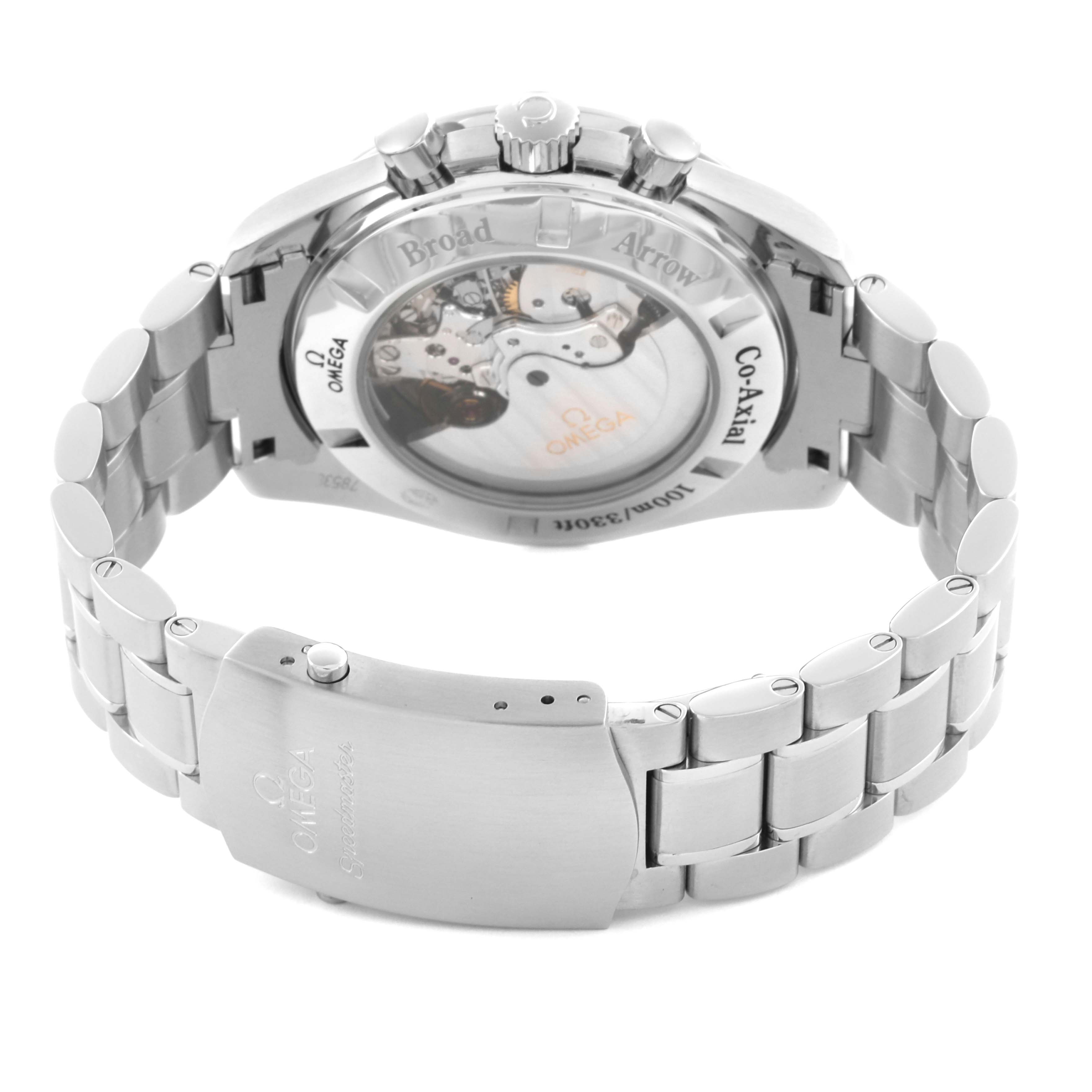 The image shows the Omega Speedmaster 321.10.44.50.02.001 Men
s Stainless Steel Silver Dial 321.10.44.50.02.001 Men
s Stainless Steel Silver Dial
s back and bracelet, highlighting the movement through a transparent case back.