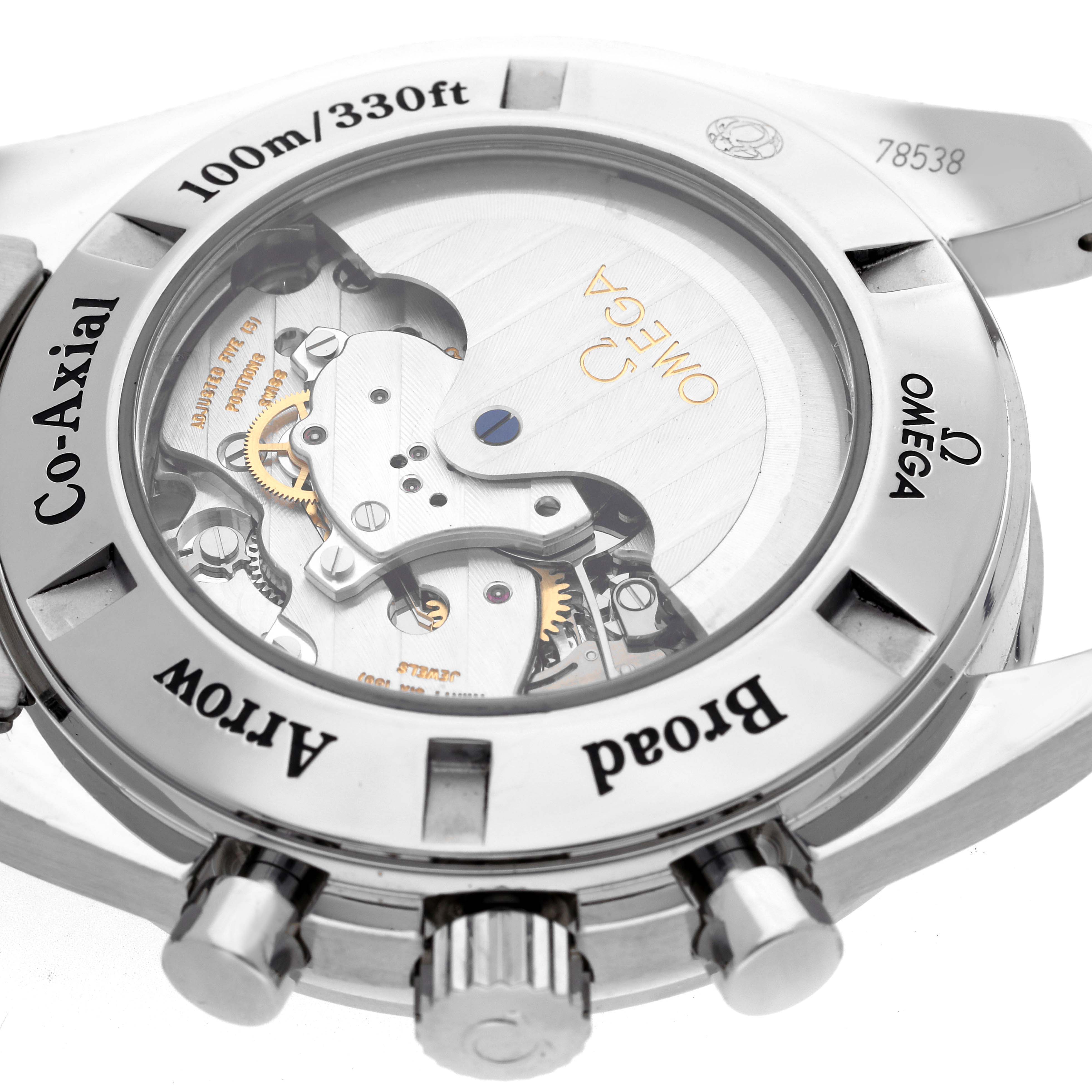 The image shows the back view of an Omega Speedmaster 321.10.44.50.02.001 Men
s Stainless Steel Silver Dial 321.10.44.50.02.001 Men
s Stainless Steel Silver Dial, highlighting its transparent case back and visible movement.