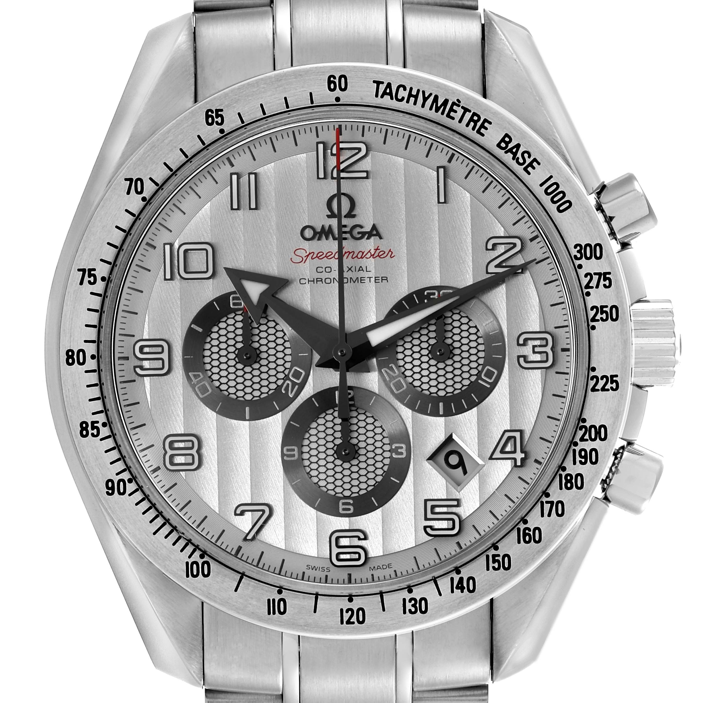 The Omega Speedmaster 321.10.44.50.02.001 Men
s Stainless Steel Silver Dial 321.10.44.50.02.001 Men
s Stainless Steel Silver Dial watch is shown from a front angle, displaying its face, chronograph dials, and tachymeter bezel.