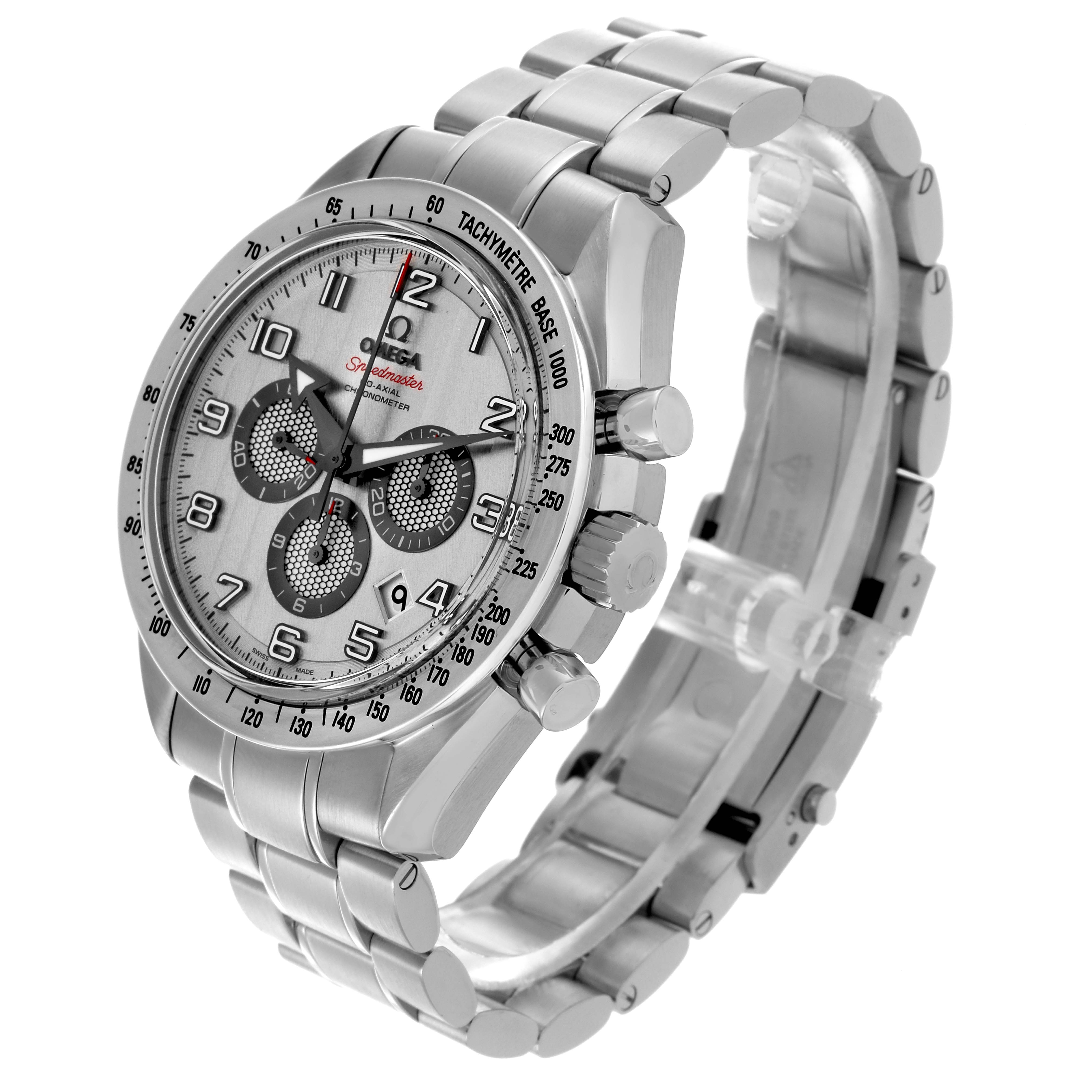 The Omega Speedmaster 321.10.44.50.02.001 Men
s Stainless Steel Silver Dial 321.10.44.50.02.001 Men
s Stainless Steel Silver Dial watch is shown at a three-quarter angle, highlighting the face, tachymeter, and stainless steel bracelet.