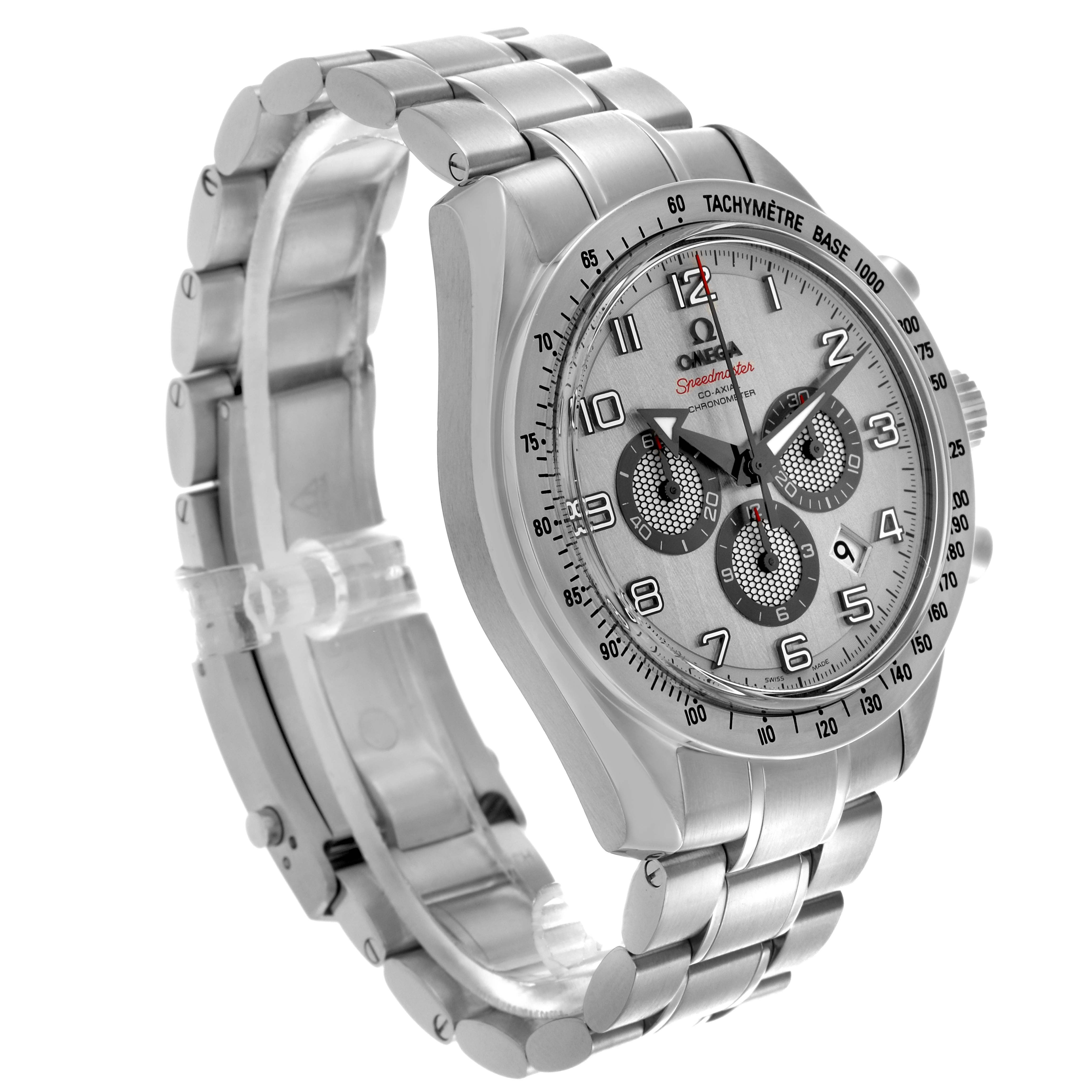 The Omega Speedmaster 321.10.44.50.02.001 Men
s Stainless Steel Silver Dial 321.10.44.50.02.001 Men
s Stainless Steel Silver Dial watch is shown at a three-quarter angle, featuring the dial, bezel, and metal bracelet.