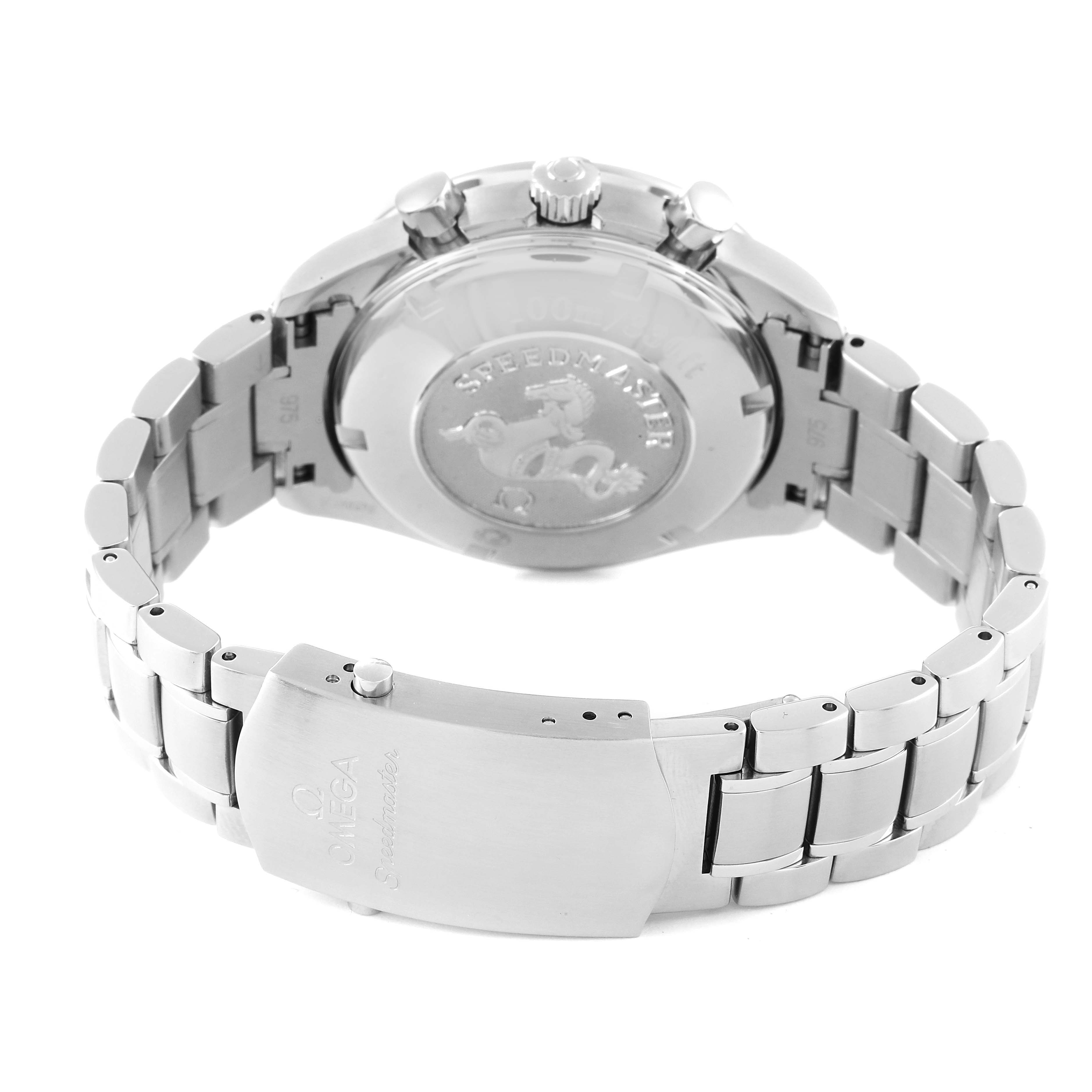 The image shows the back view and clasp of an Omega Speedmaster 3220.50.00 Men's Stainless Steel Black Dial 3220.50.00 Men's Stainless Steel Black Dial watch, highlighting the bracelet and case back.