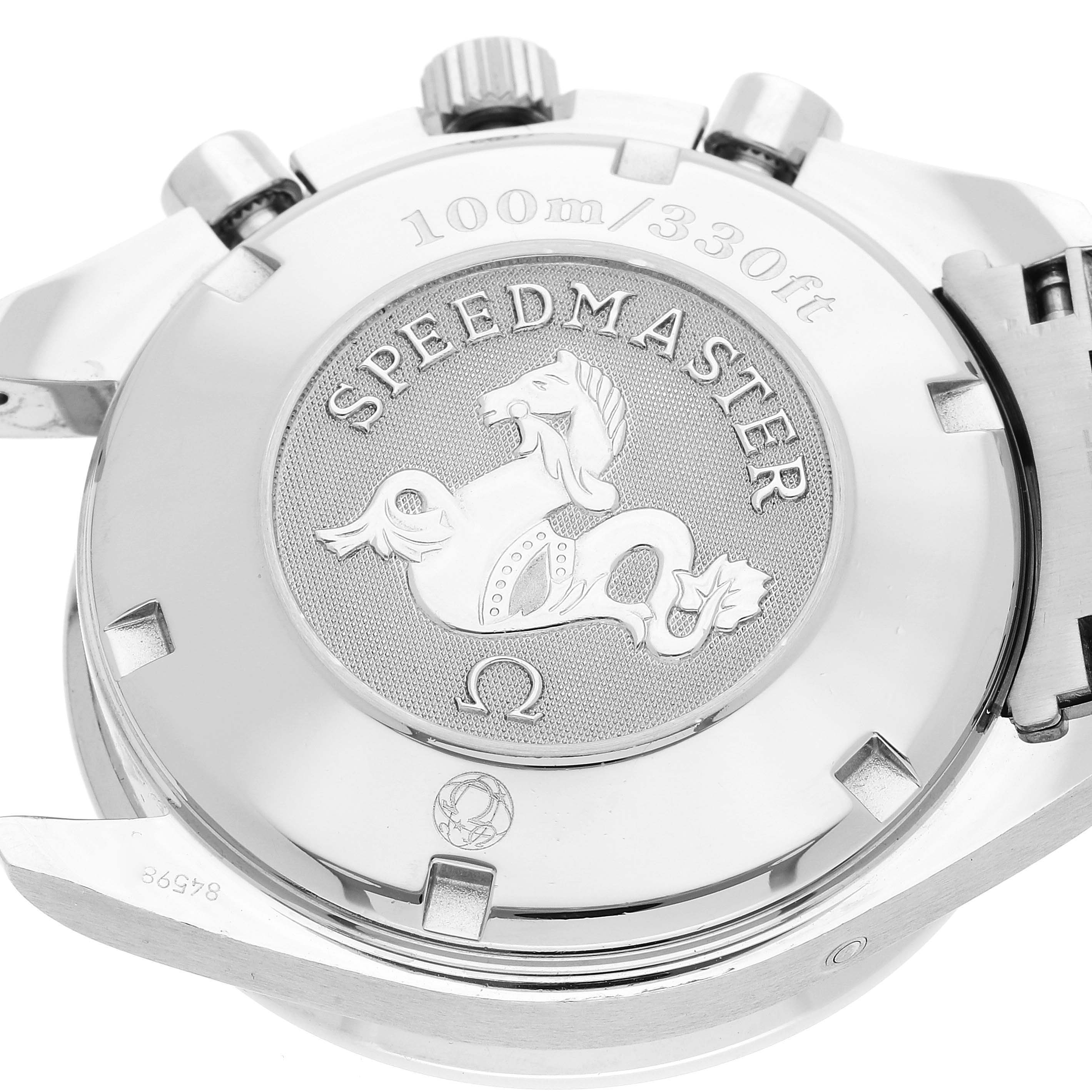 This is the backside of an Omega Speedmaster 3220.50.00 Men's Stainless Steel Black Dial 3220.50.00 Men's Stainless Steel Black Dial watch, showing the case back with the Speedmaster engraving and water resistance mark.