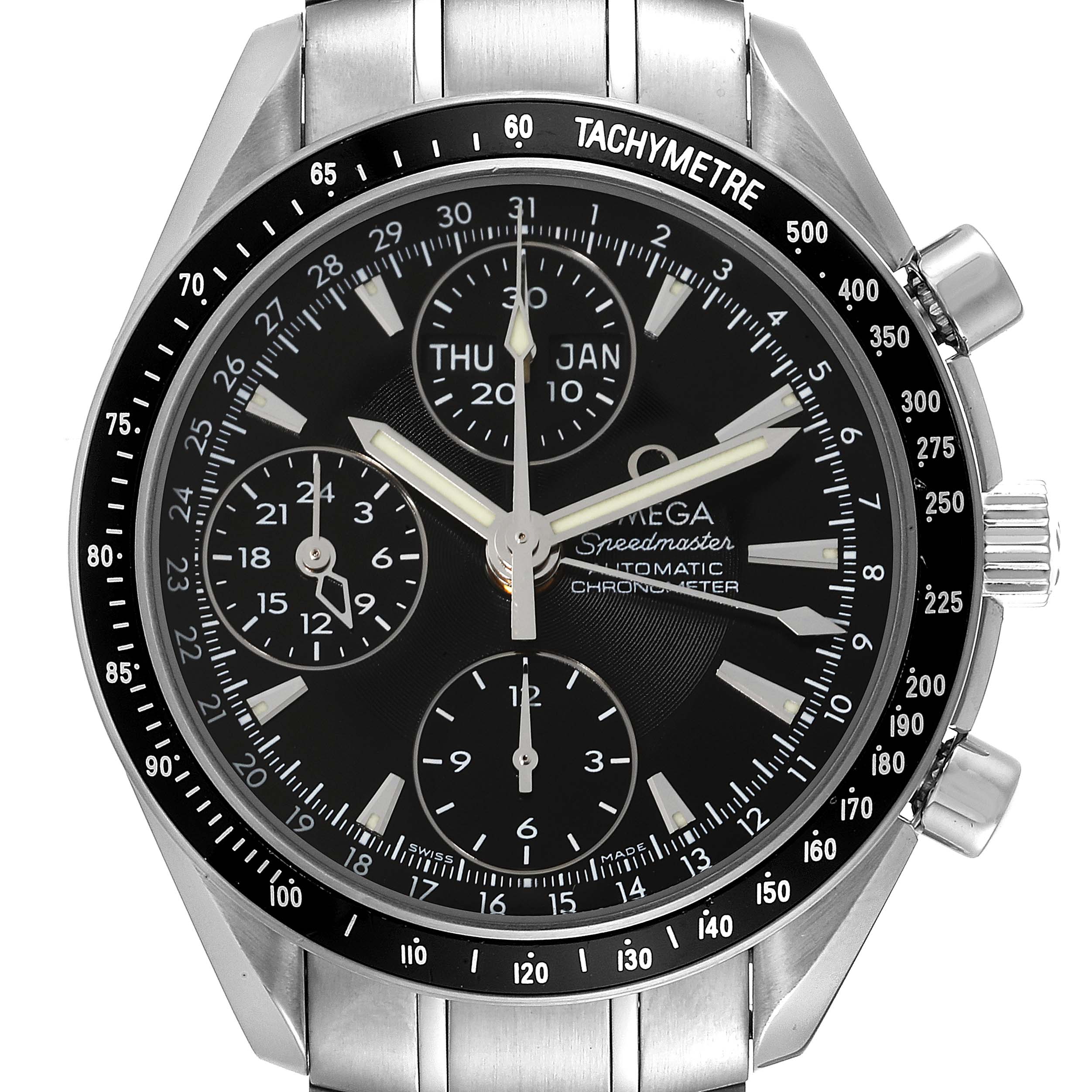 This is a close-up of the Omega Speedmaster 3220.50.00 Men's Stainless Steel Black Dial 3220.50.00 Men's Stainless Steel Black Dial watch, showing its dial, hands, subdials, and tachymeter bezel.
