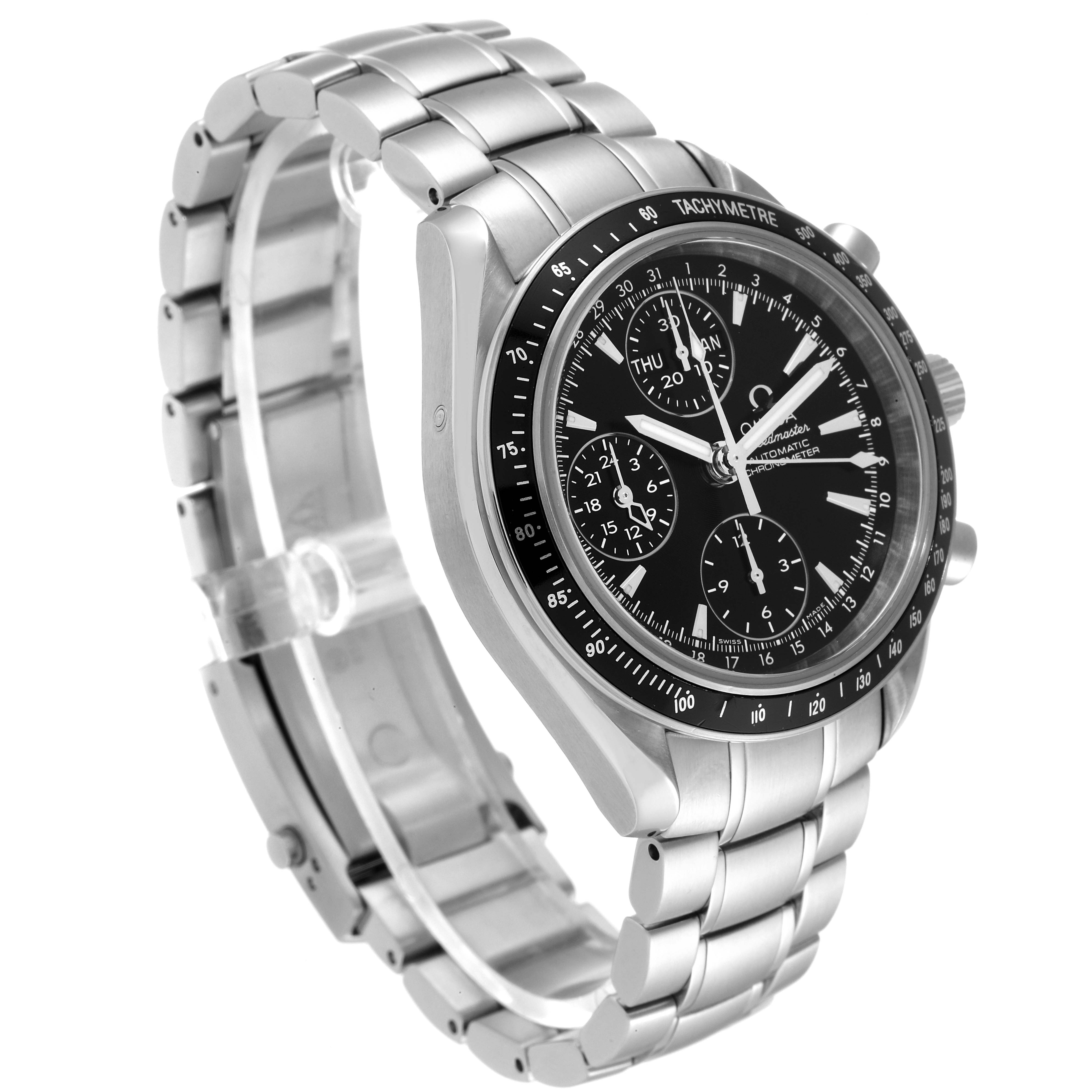 This image shows an Omega Speedmaster 3220.50.00 Men's Stainless Steel Black Dial 3220.50.00 Men's Stainless Steel Black Dial watch from an angled side view, highlighting its stainless steel bracelet, bezel, and dial.