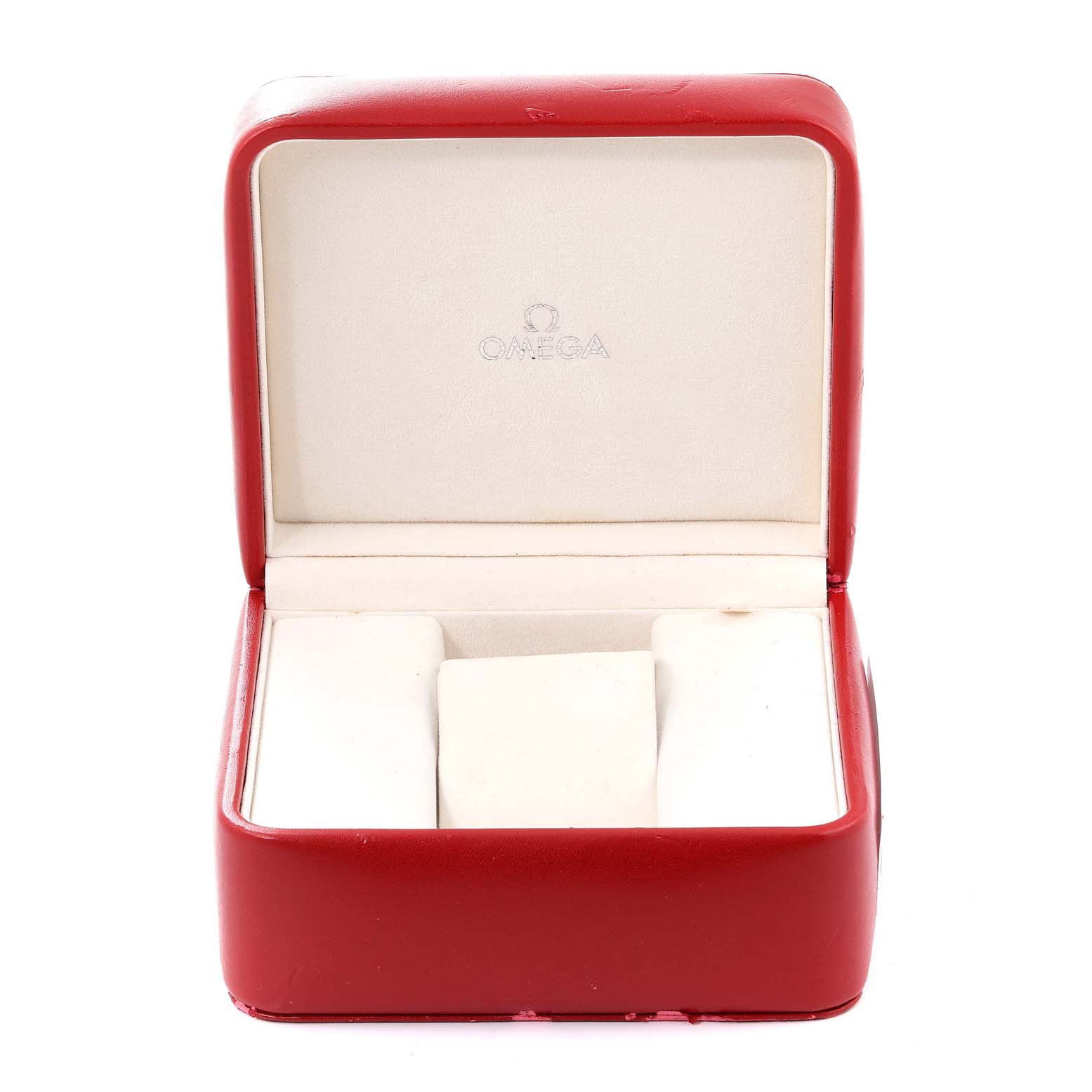 This image shows an open Omega Speedmaster 3220.50.00 Men's Stainless Steel Black Dial 3220.50.00 Men's Stainless Steel Black Dial watch box with white interior padding, viewed from the front angle.