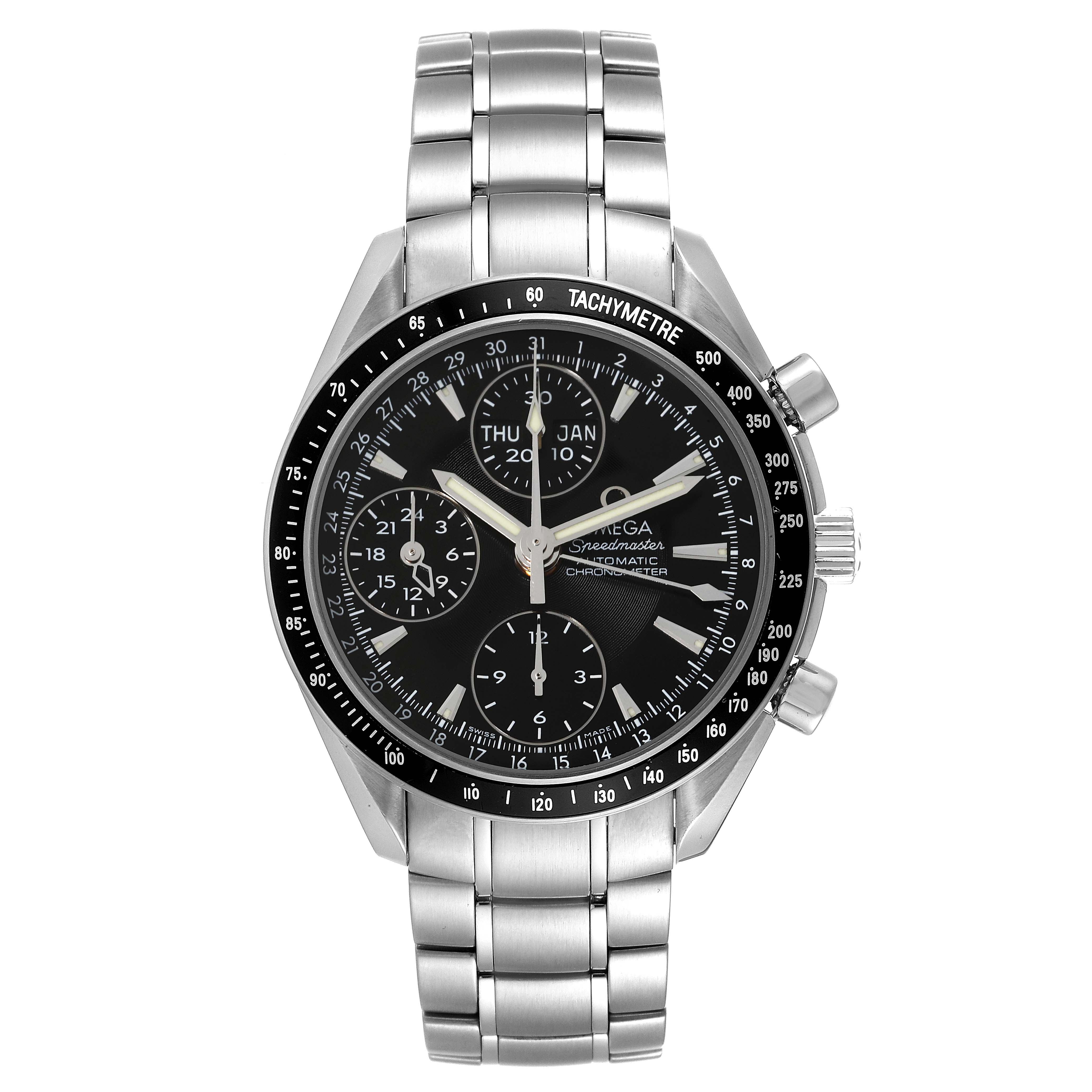 The image shows a front view of the Omega Speedmaster 3220.50.00 Men's Stainless Steel Black Dial 3220.50.00 Men's Stainless Steel Black Dial watch, highlighting its black dial, chronograph subdials, tachymeter bezel, and stainless steel band.