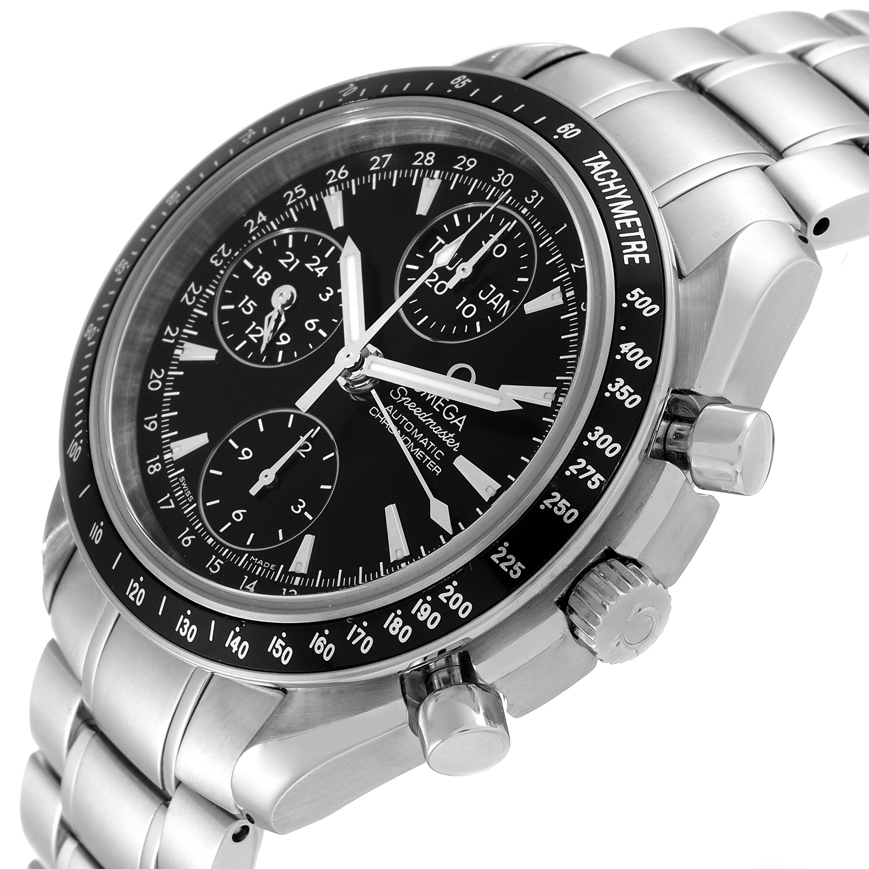 The Omega Speedmaster 3220.50.00 Men's Stainless Steel Black Dial 3220.50.00 Men's Stainless Steel Black Dial watch is shown at an angle displaying the face, pushers, and stainless steel bracelet.