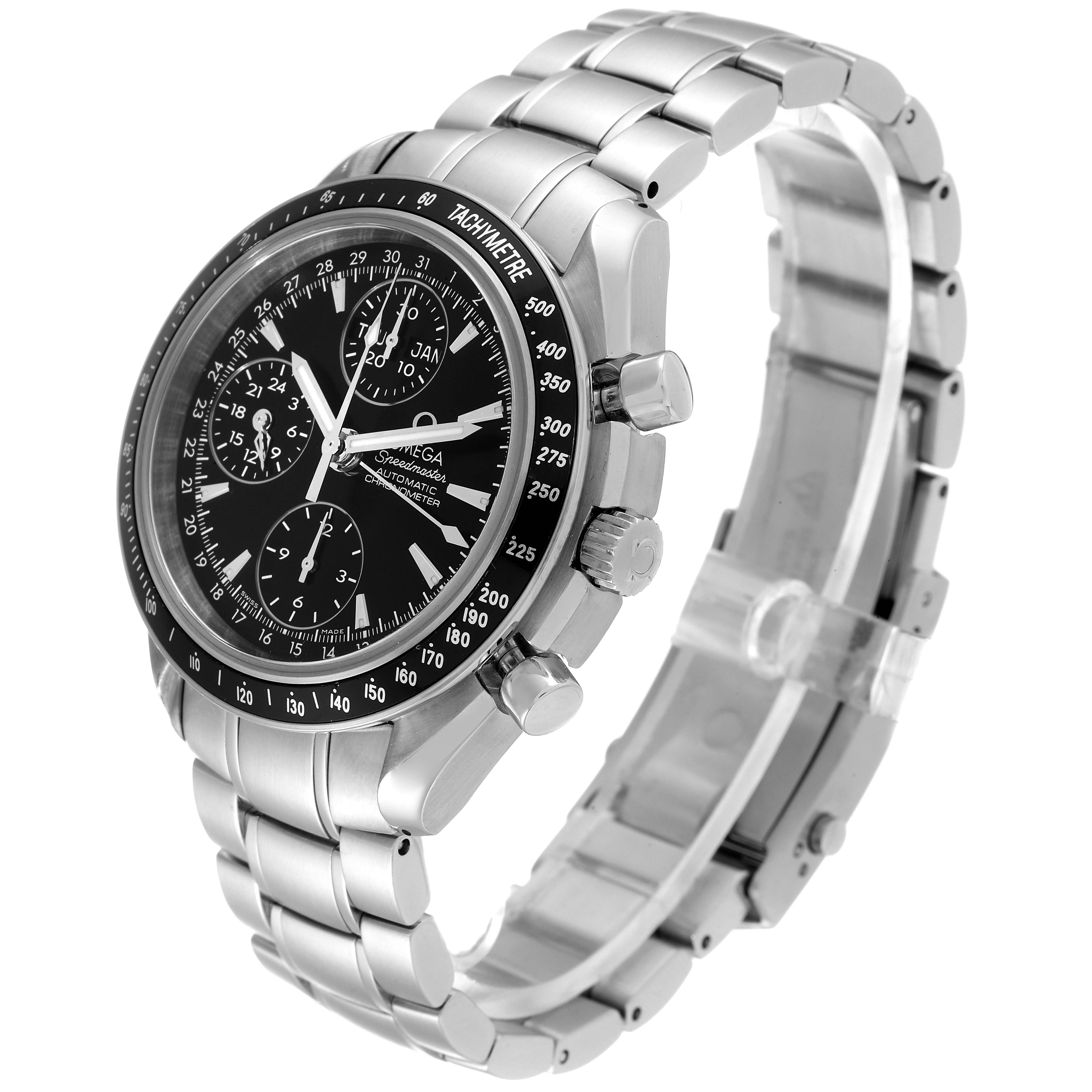 This image shows an angled view of an Omega Speedmaster 3220.50.00 Men's Stainless Steel Black Dial 3220.50.00 Men's Stainless Steel Black Dial watch, highlighting the face, bezel, pushers, and stainless steel bracelet.