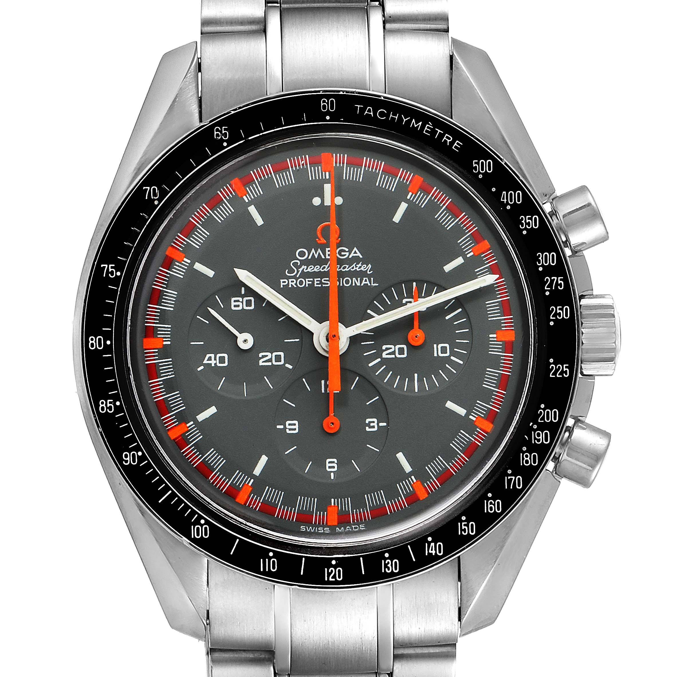 The image shows a frontal view of an Omega Speedmaster 3570.40.00 Men
s Stainless Steel Grey Dial 3570.40.00 Men
s Stainless Steel Grey Dial watch, featuring the dial, bezel, and part of the stainless steel bracelet.