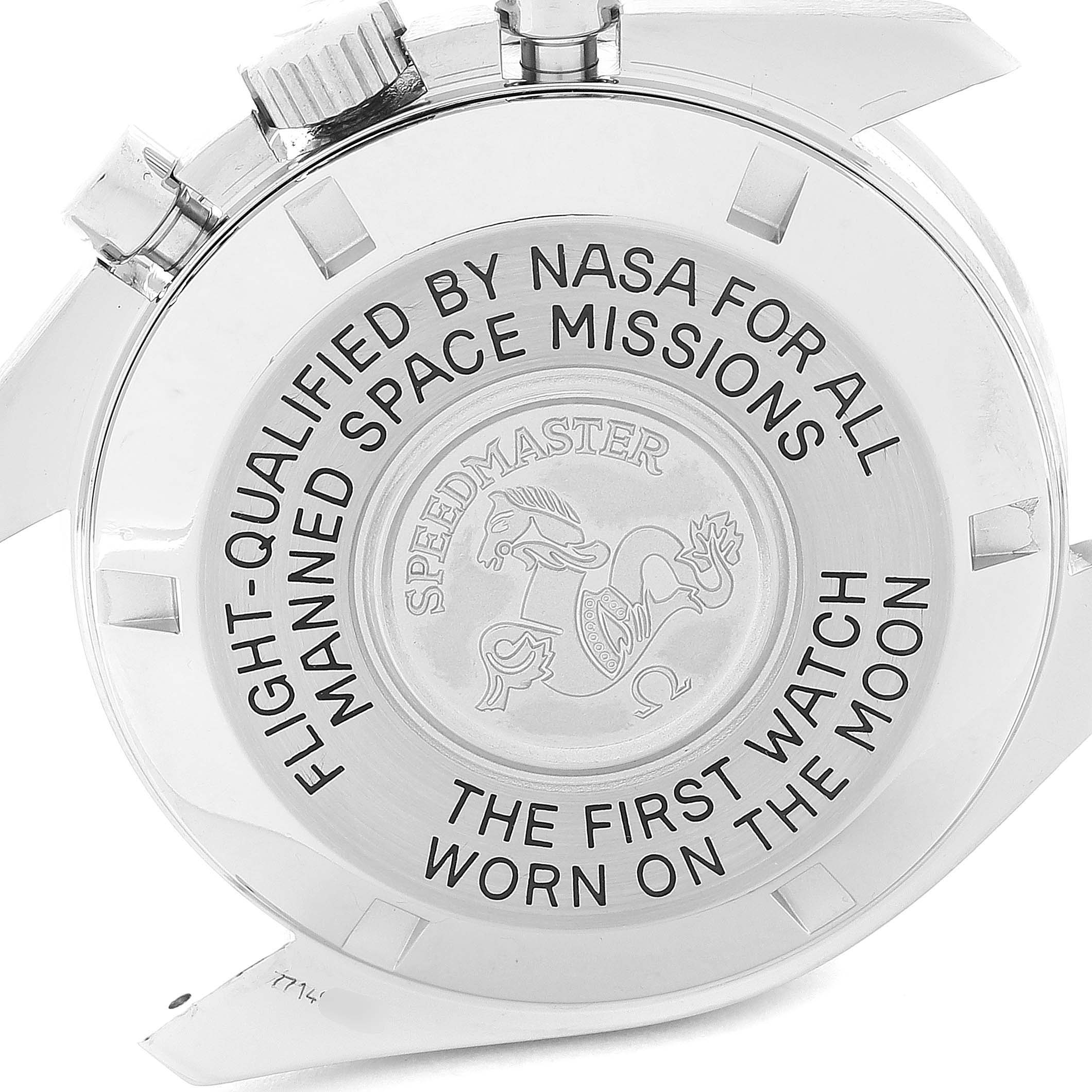 The image shows the engraved case back of the Omega Speedmaster 3570.40.00 Men
s Stainless Steel Grey Dial 3570.40.00 Men
s Stainless Steel Grey Dial watch, highlighting its NASA qualification and moon landing history.