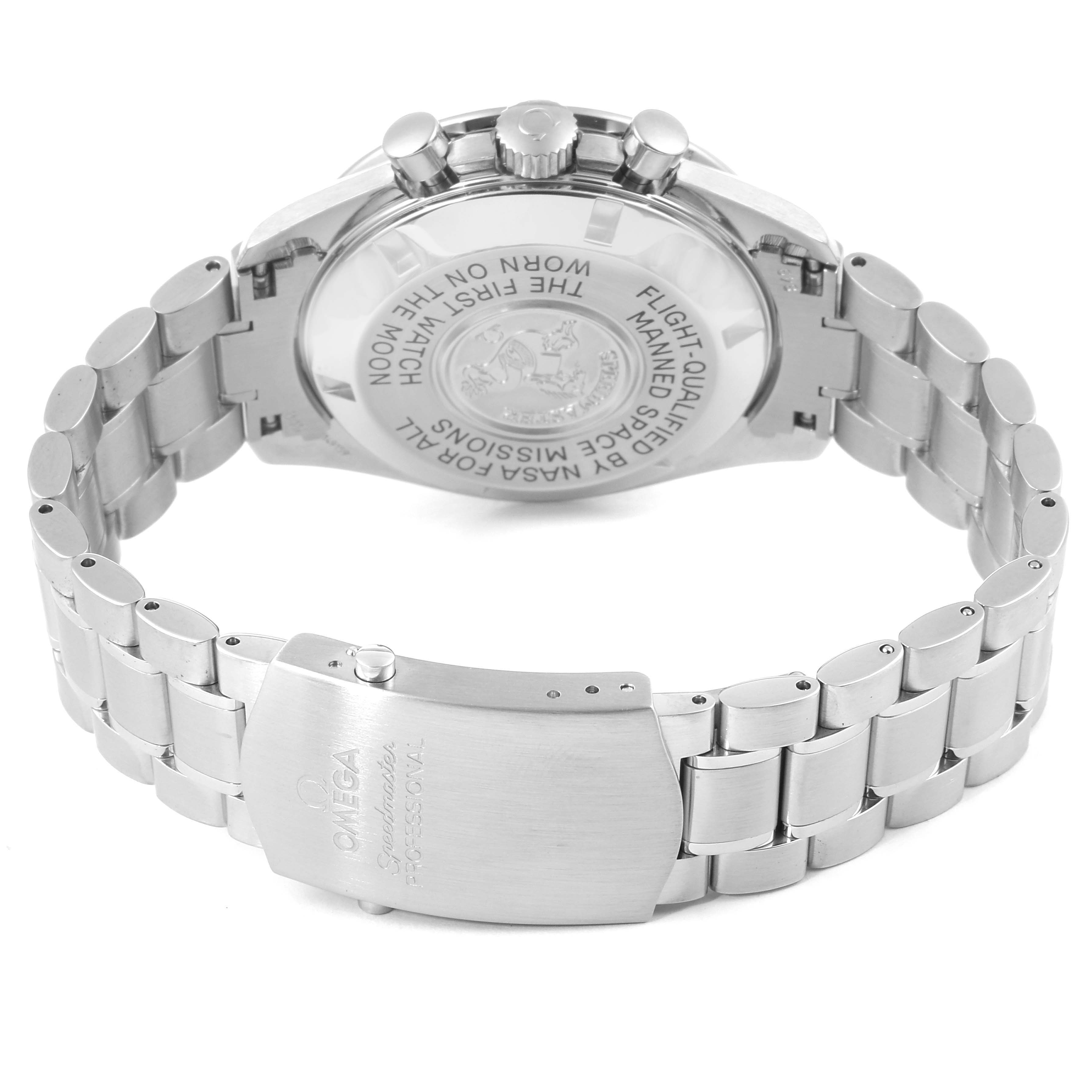 The image shows the back angle of an Omega Speedmaster 3570.40.00 Men
s Stainless Steel Grey Dial 3570.40.00 Men
s Stainless Steel Grey Dial watch, highlighting the clasp, case back, and bracelet.