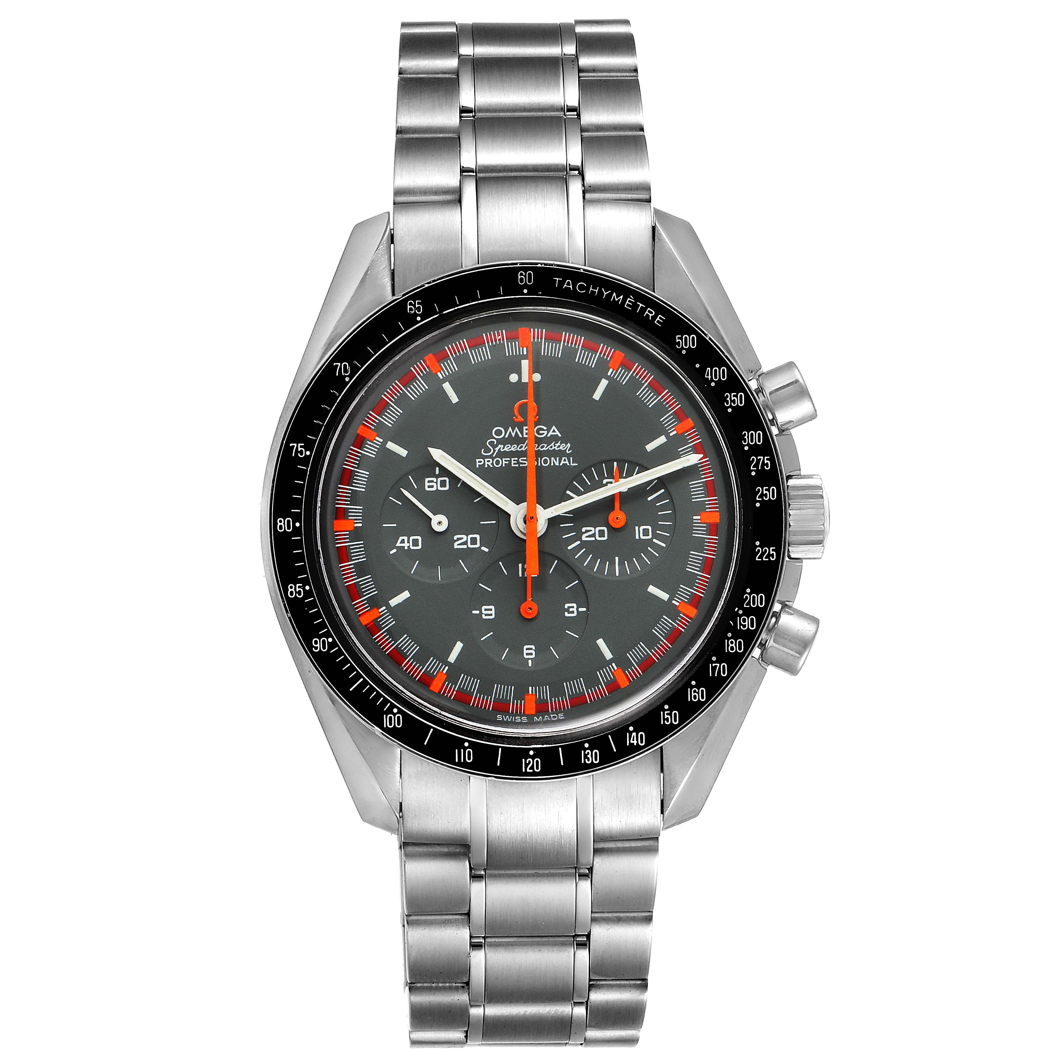The Omega Speedmaster 3570.40.00 Men
s Stainless Steel Grey Dial 3570.40.00 Men
s Stainless Steel Grey Dial watch is shown from the front, displaying its dial, bezel, and metal bracelet.