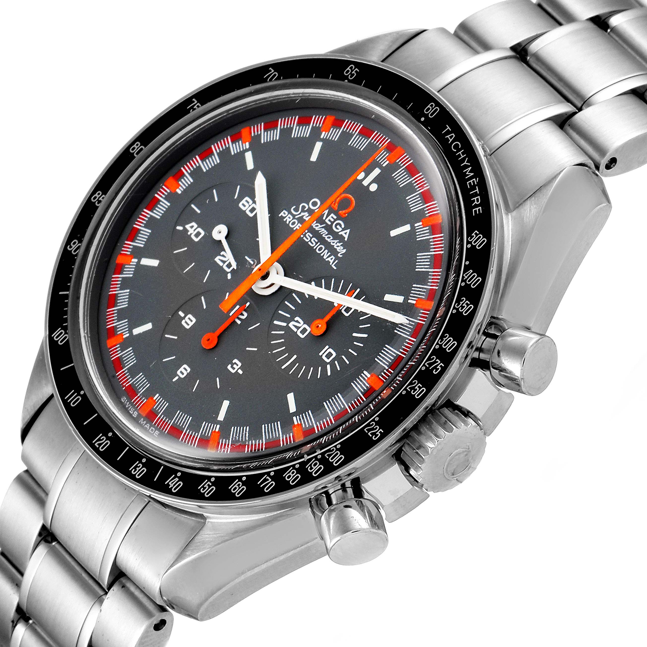 This image shows a close-up of the Omega Speedmaster 3570.40.00 Men
s Stainless Steel Grey Dial 3570.40.00 Men
s Stainless Steel Grey Dial watch, highlighting the dial, subdials, bezel, and part of the bracelet.