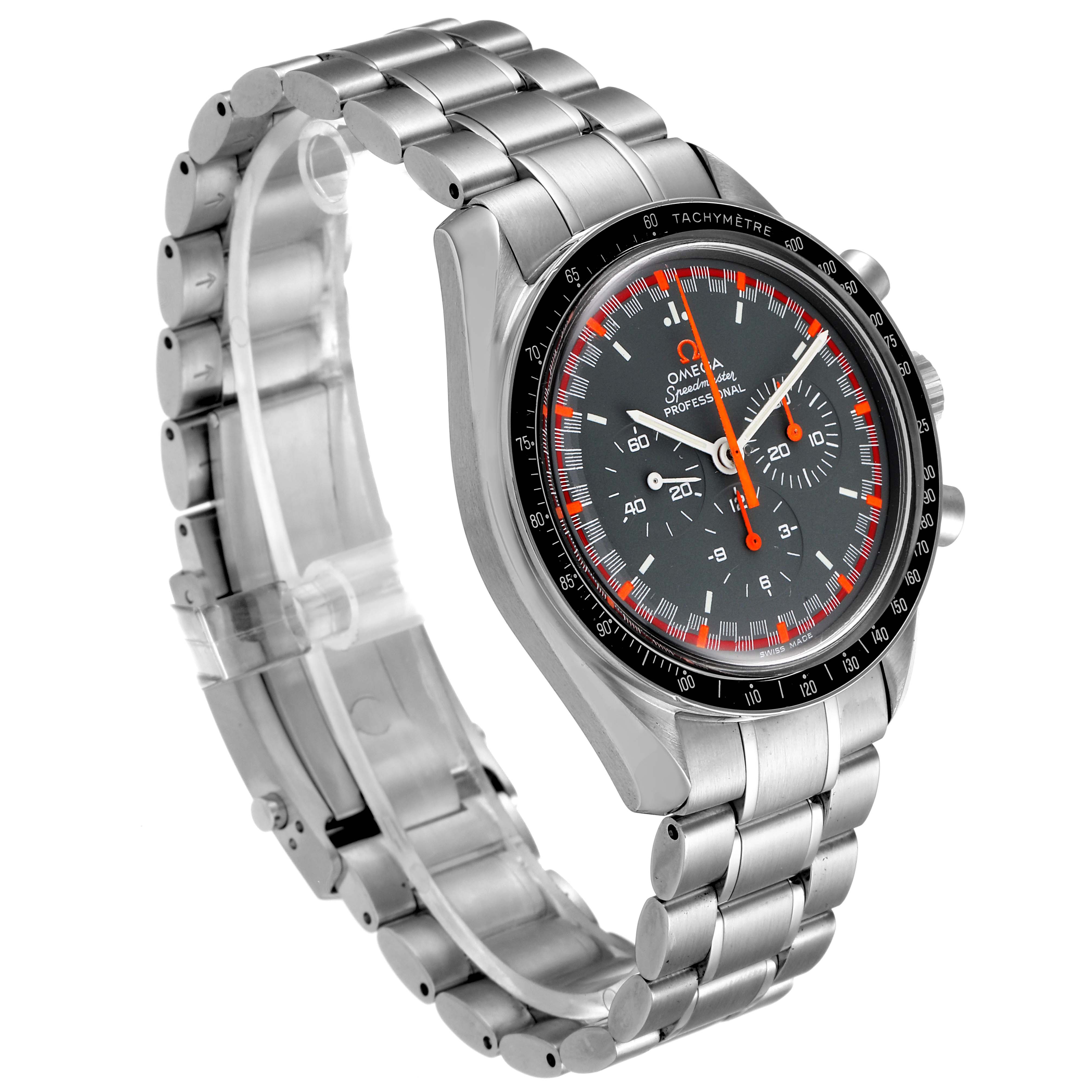 The image shows an angled view of an Omega Speedmaster 3570.40.00 Men
s Stainless Steel Grey Dial 3570.40.00 Men
s Stainless Steel Grey Dial watch, highlighting the face, bezel, chronograph dials, and metal bracelet.