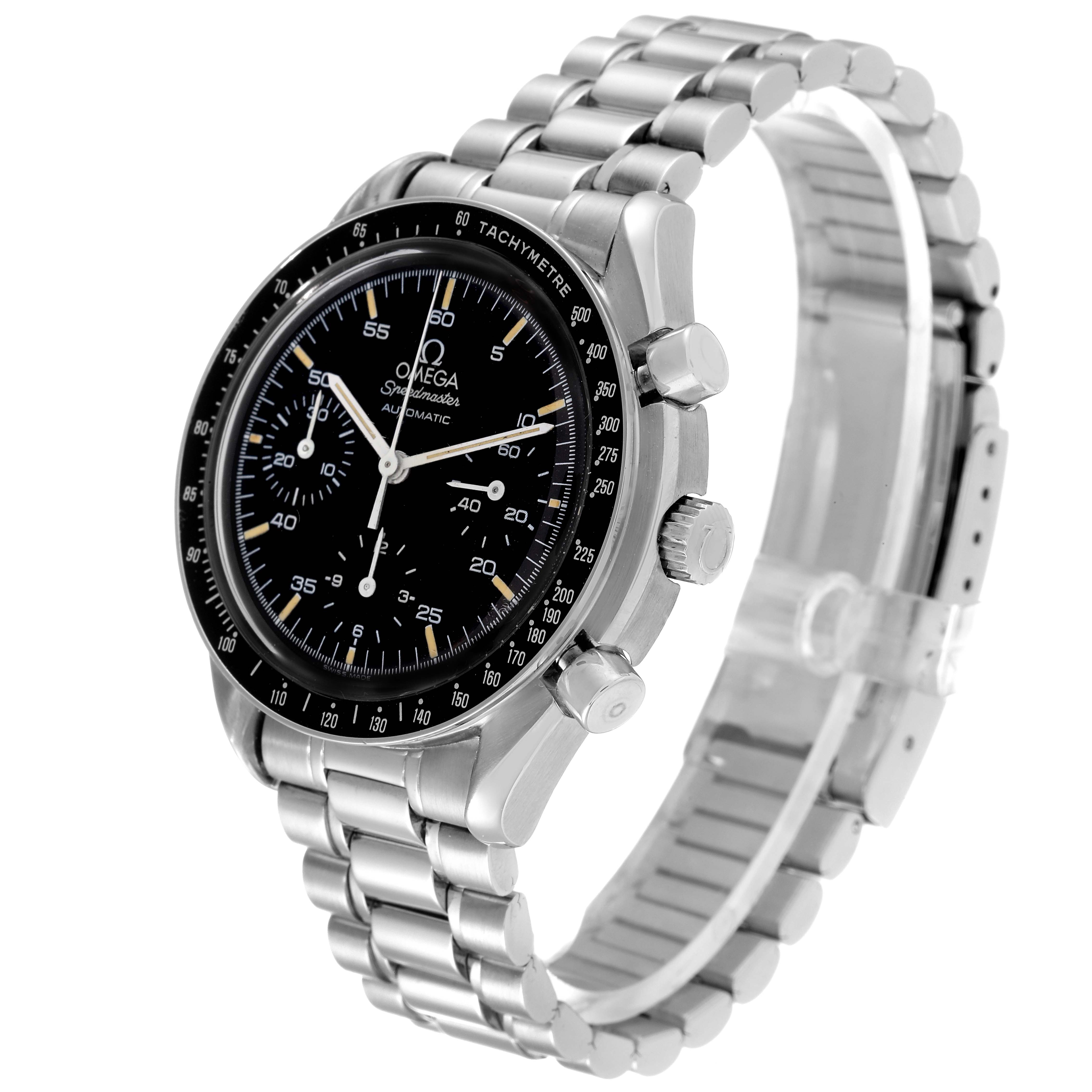 The Omega Speedmaster 3510.50.00 Men
s Stainless Steel Black Dial 3510.50.00 Men
s Stainless Steel Black Dial watch is shown at an angled side view, displaying the dial, bracelet, crown, and pushers.