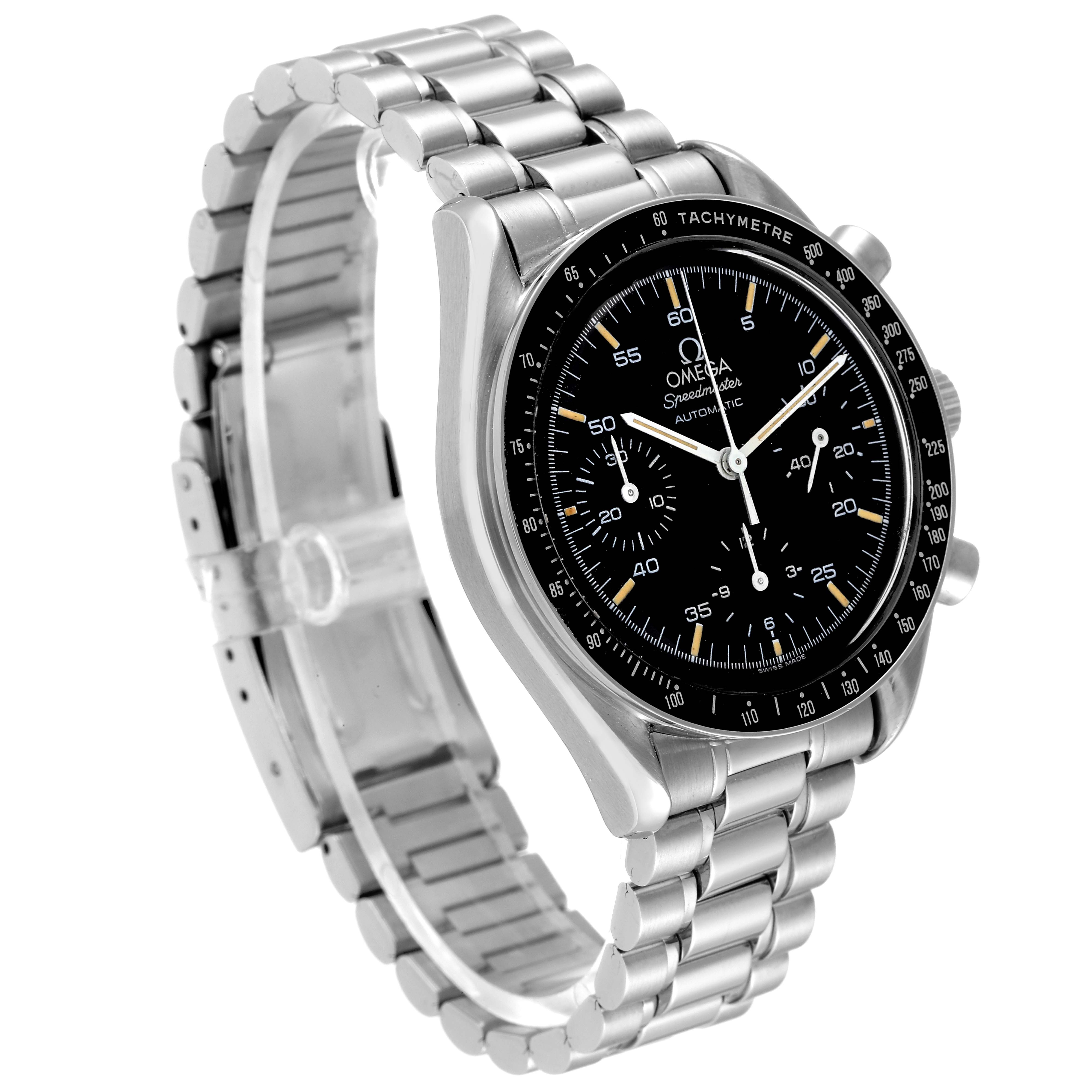 The image shows an angled view of an Omega Speedmaster 3510.50.00 Men
s Stainless Steel Black Dial 3510.50.00 Men
s Stainless Steel Black Dial watch, displaying the watch face, tachymeter bezel, and metal bracelet.