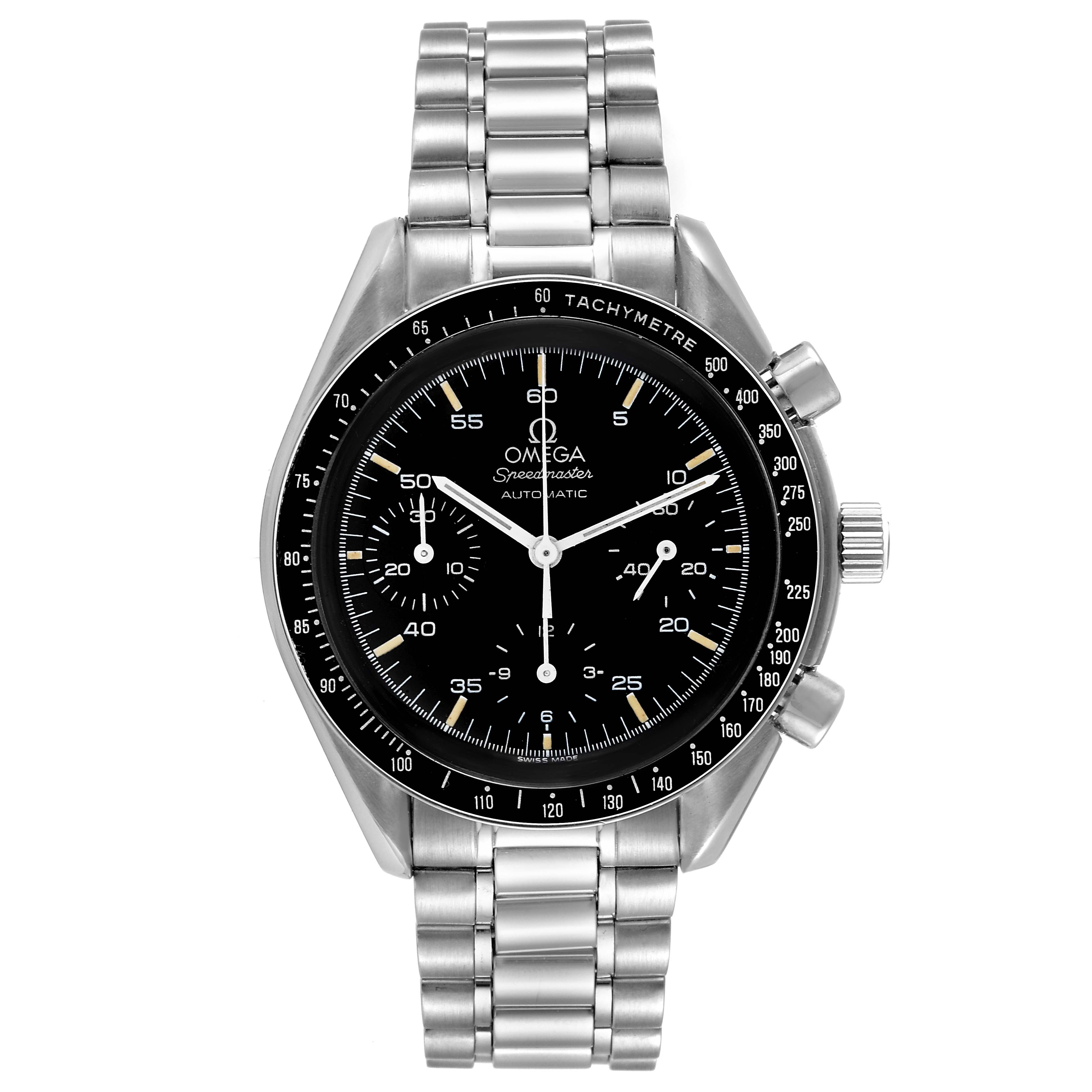 The image shows a front view of an Omega Speedmaster 3510.50.00 Men
s Stainless Steel Black Dial 3510.50.00 Men
s Stainless Steel Black Dial watch, displaying its face, bezel, and bracelet.