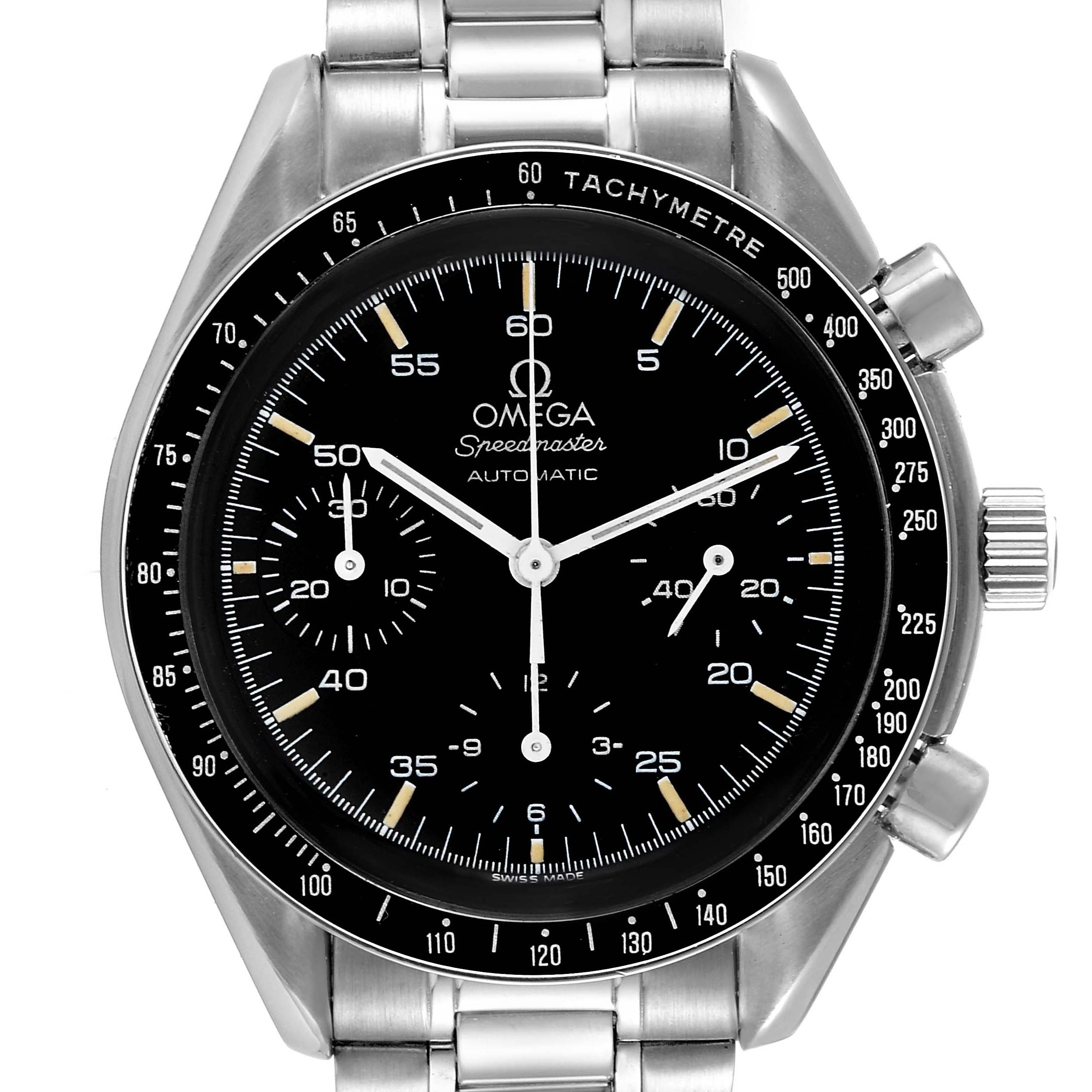 The image shows a front view of the Omega Speedmaster 3510.50.00 Men
s Stainless Steel Black Dial 3510.50.00 Men
s Stainless Steel Black Dial watch, highlighting the dial, tachymeter bezel, and stainless steel bracelet.