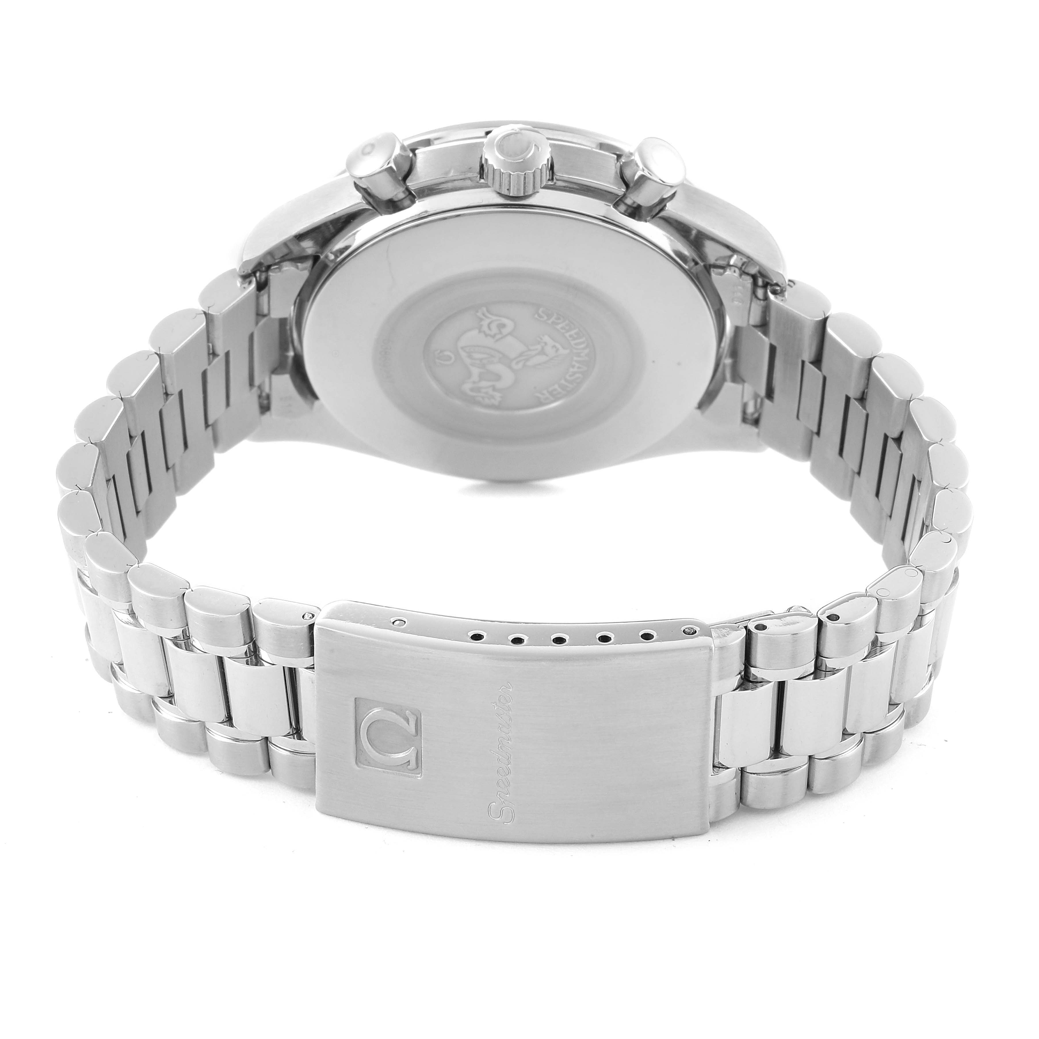 The image shows the back view of an Omega Speedmaster 3510.50.00 Men
s Stainless Steel Black Dial 3510.50.00 Men
s Stainless Steel Black Dial watch with its metal bracelet and engraved clasp.