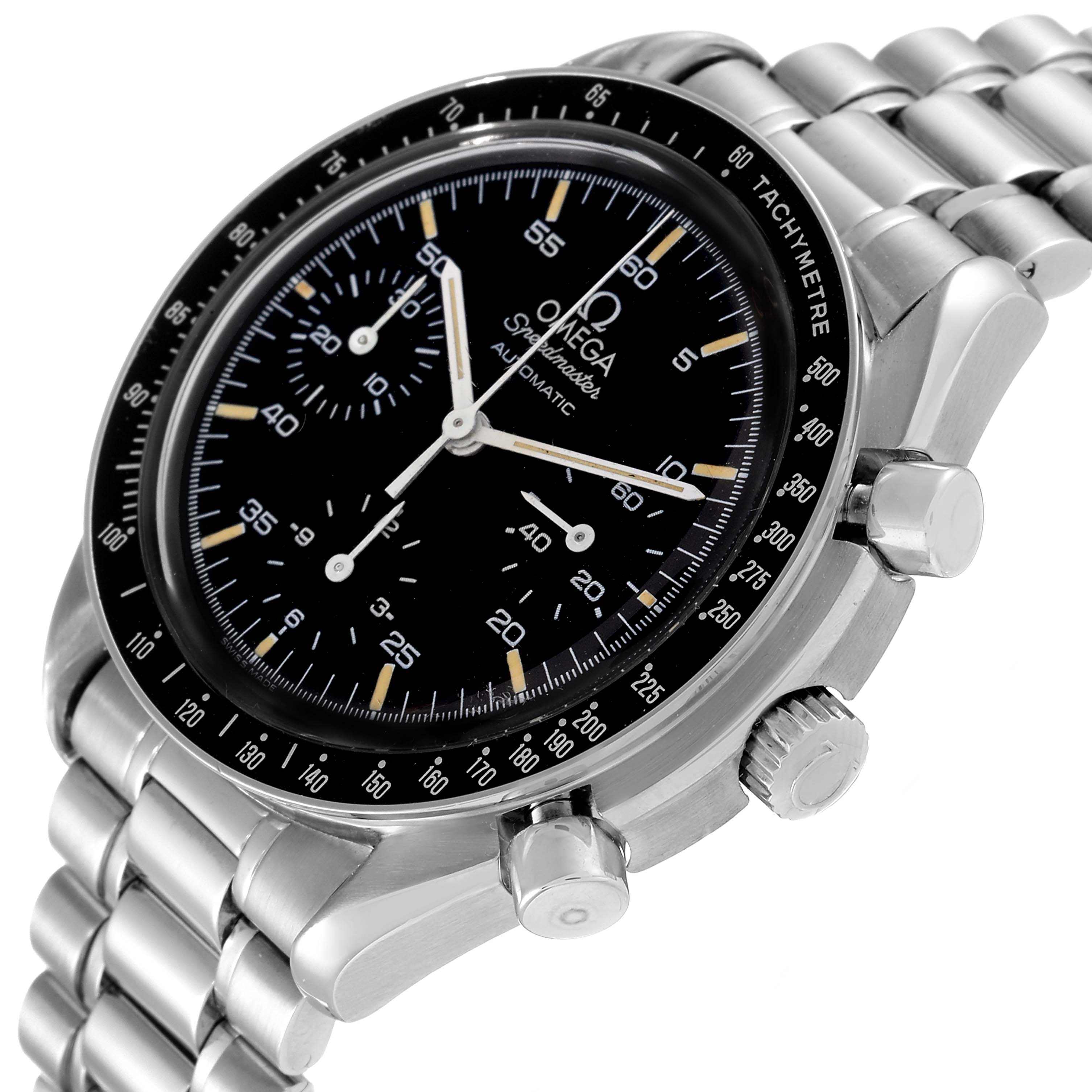 This image shows the Omega Speedmaster 3510.50.00 Men
s Stainless Steel Black Dial 3510.50.00 Men
s Stainless Steel Black Dial watch from an angled perspective, highlighting the face, bezel, and part of the bracelet.