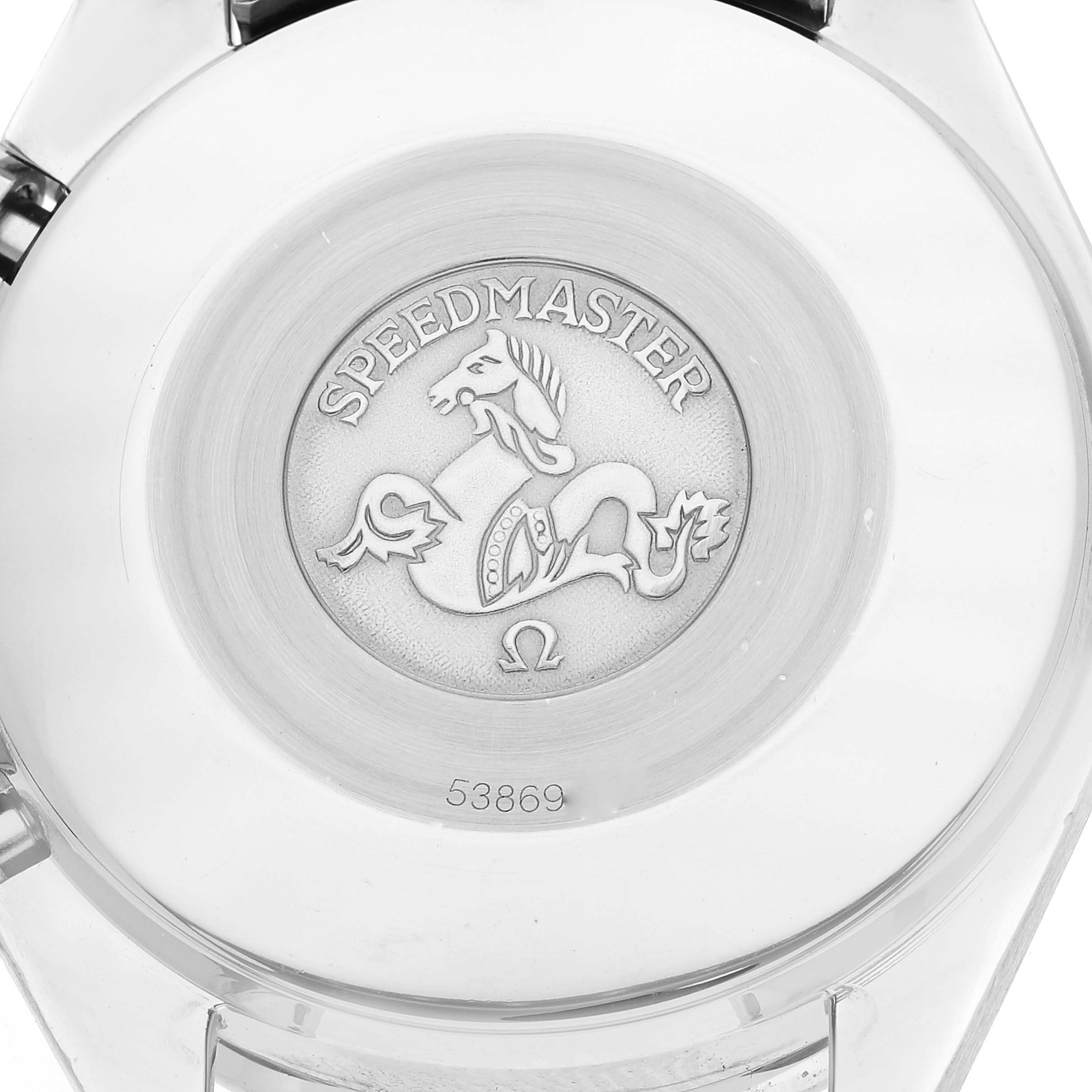 This is the case back of an Omega Speedmaster 3510.50.00 Men
s Stainless Steel Black Dial 3510.50.00 Men
s Stainless Steel Black Dial watch, showing the engraved logo and model name.