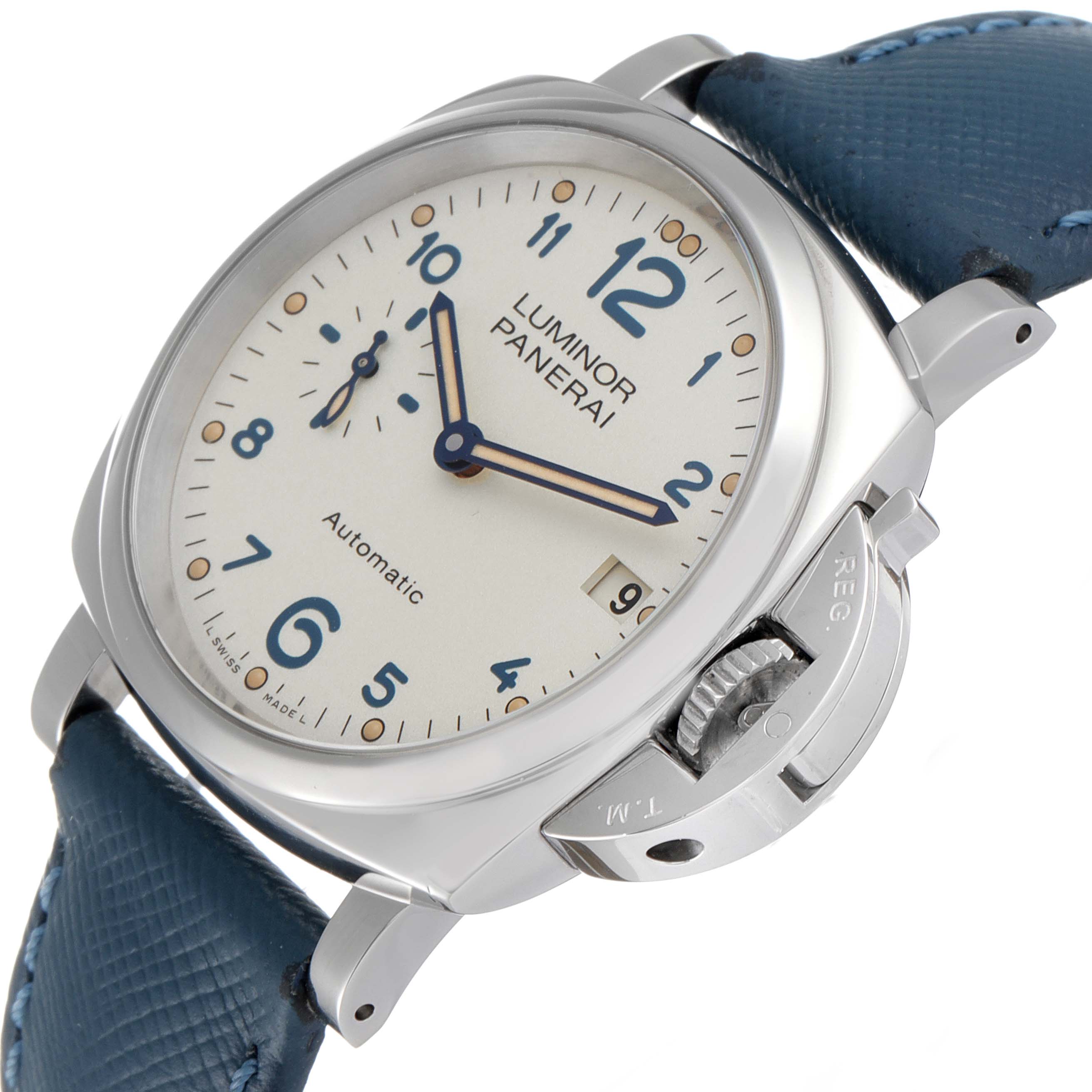 This image shows a front angle of the Panerai Luminor Due PAM00903 Men
s Stainless Steel Beige Dial PAM00903 Men
s Stainless Steel Beige Dial watch, highlighting its dial, case, and crown guard.