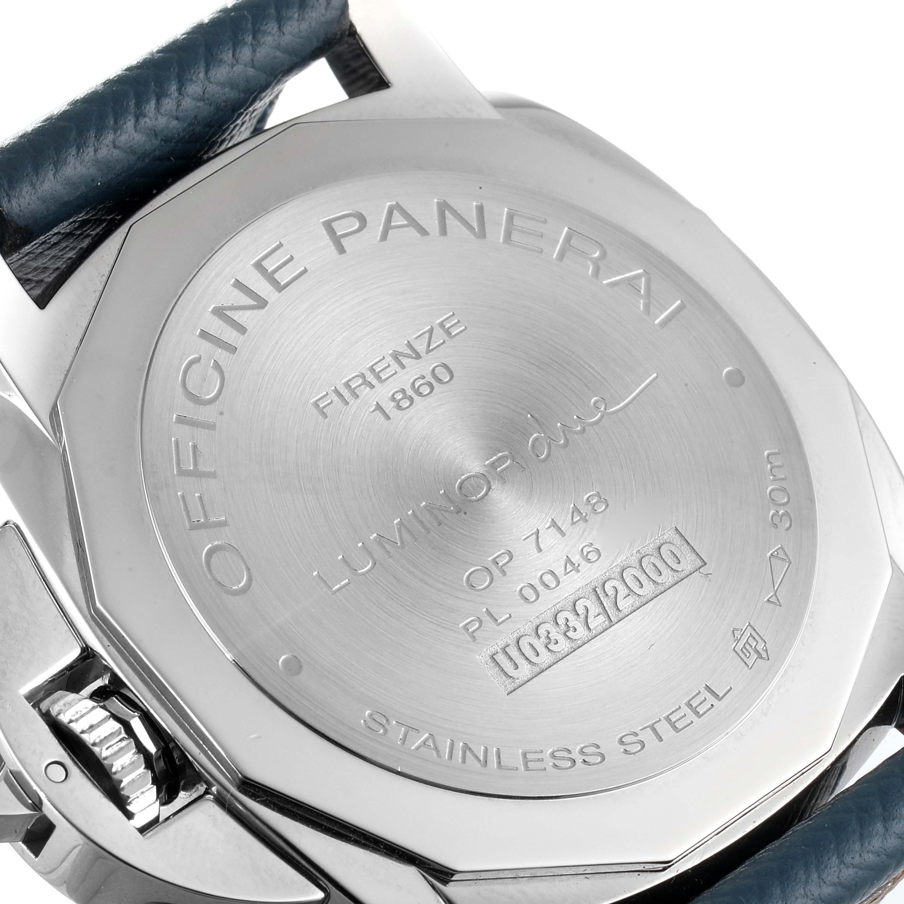 This image shows the back case of a Panerai Luminor Due PAM00903 Men
s Stainless Steel Beige Dial PAM00903 Men
s Stainless Steel Beige Dial watch, including engravings and the crown protector.