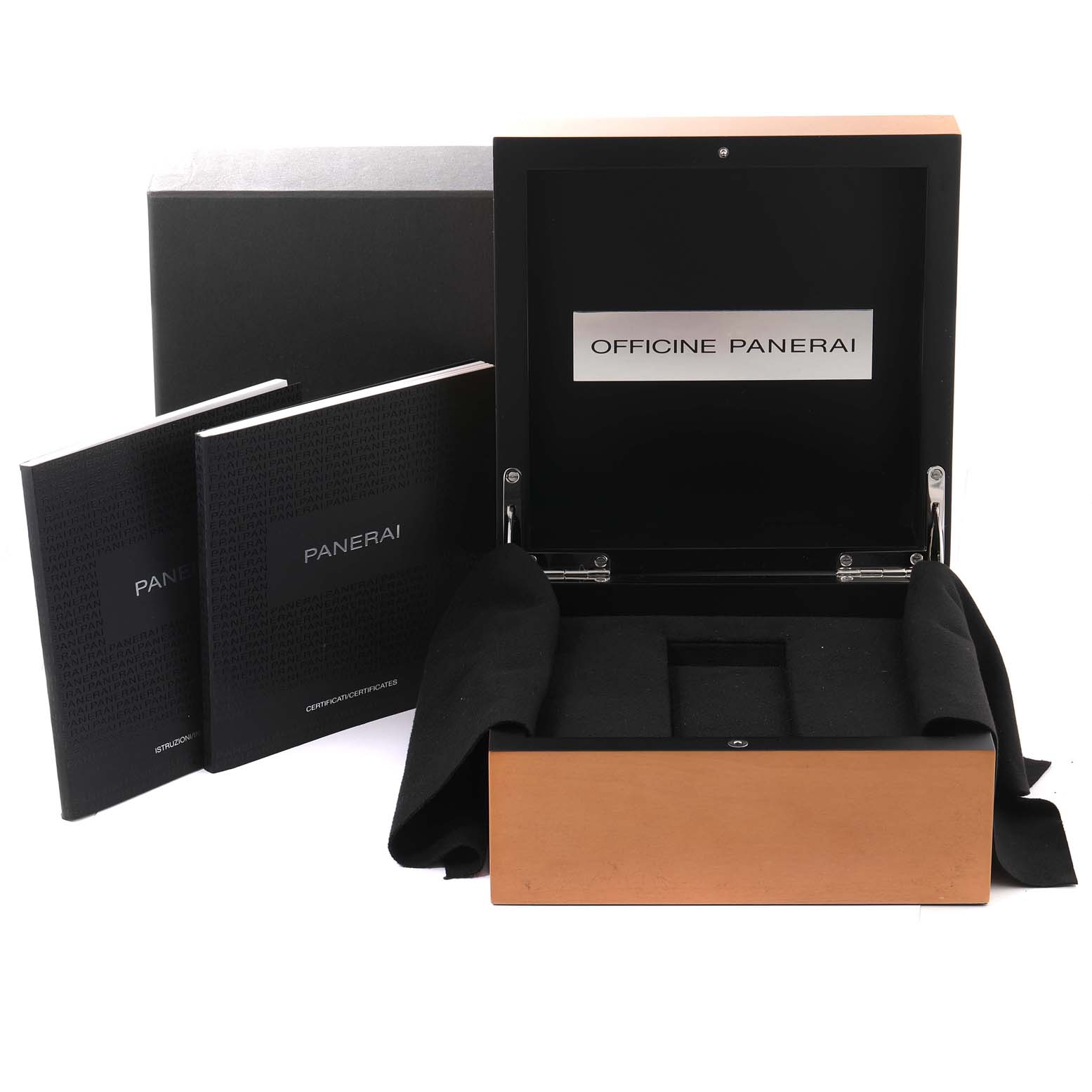 This image shows the packaging and accessories for a Panerai Luminor Due PAM00903 Men
s Stainless Steel Beige Dial PAM00903 Men
s Stainless Steel Beige Dial watch, including the box and manuals.