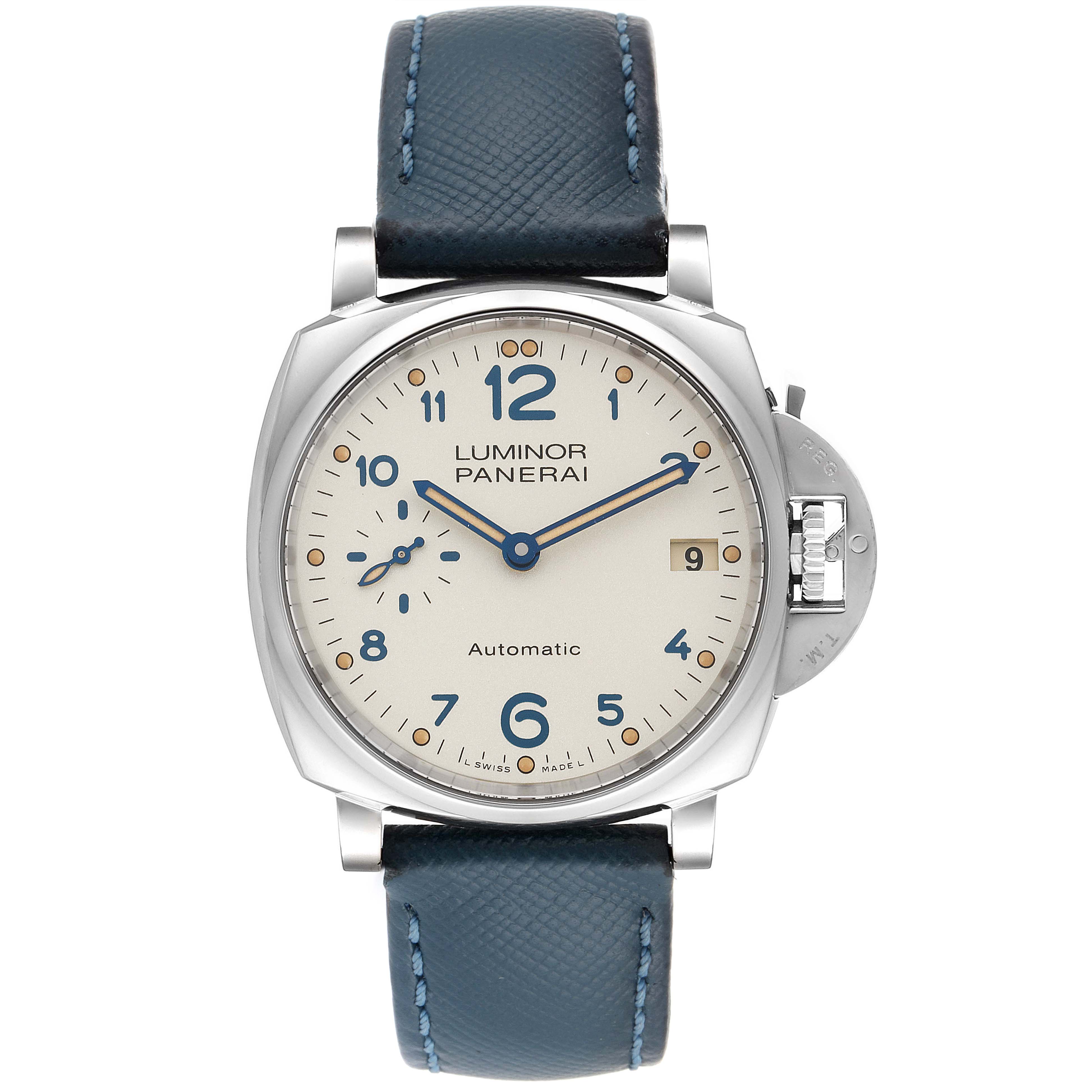 The image shows a front view of the Panerai Luminor Due PAM00903 Men
s Stainless Steel Beige Dial PAM00903 Men
s Stainless Steel Beige Dial watch, showcasing its dial, case, and strap.