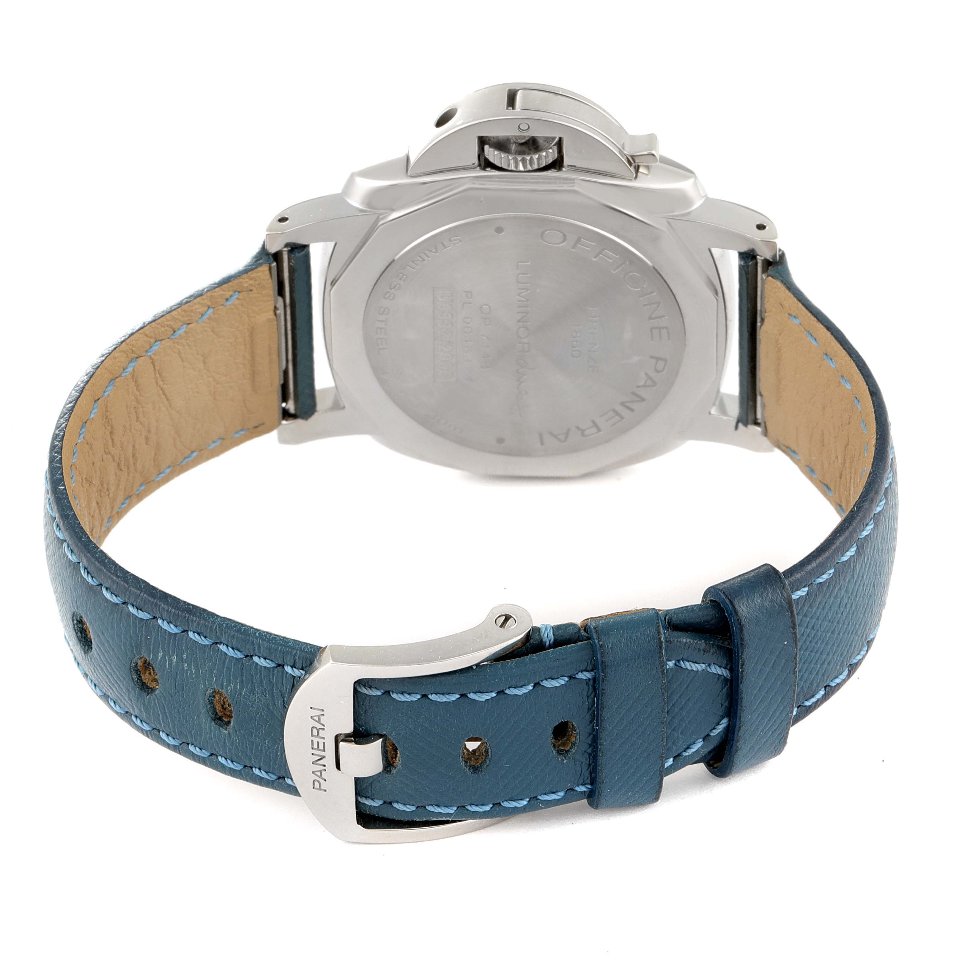 This image shows the back view of the Panerai Luminor Due PAM00903 Men
s Stainless Steel Beige Dial PAM00903 Men
s Stainless Steel Beige Dial watch, highlighting the case back and blue leather strap.
