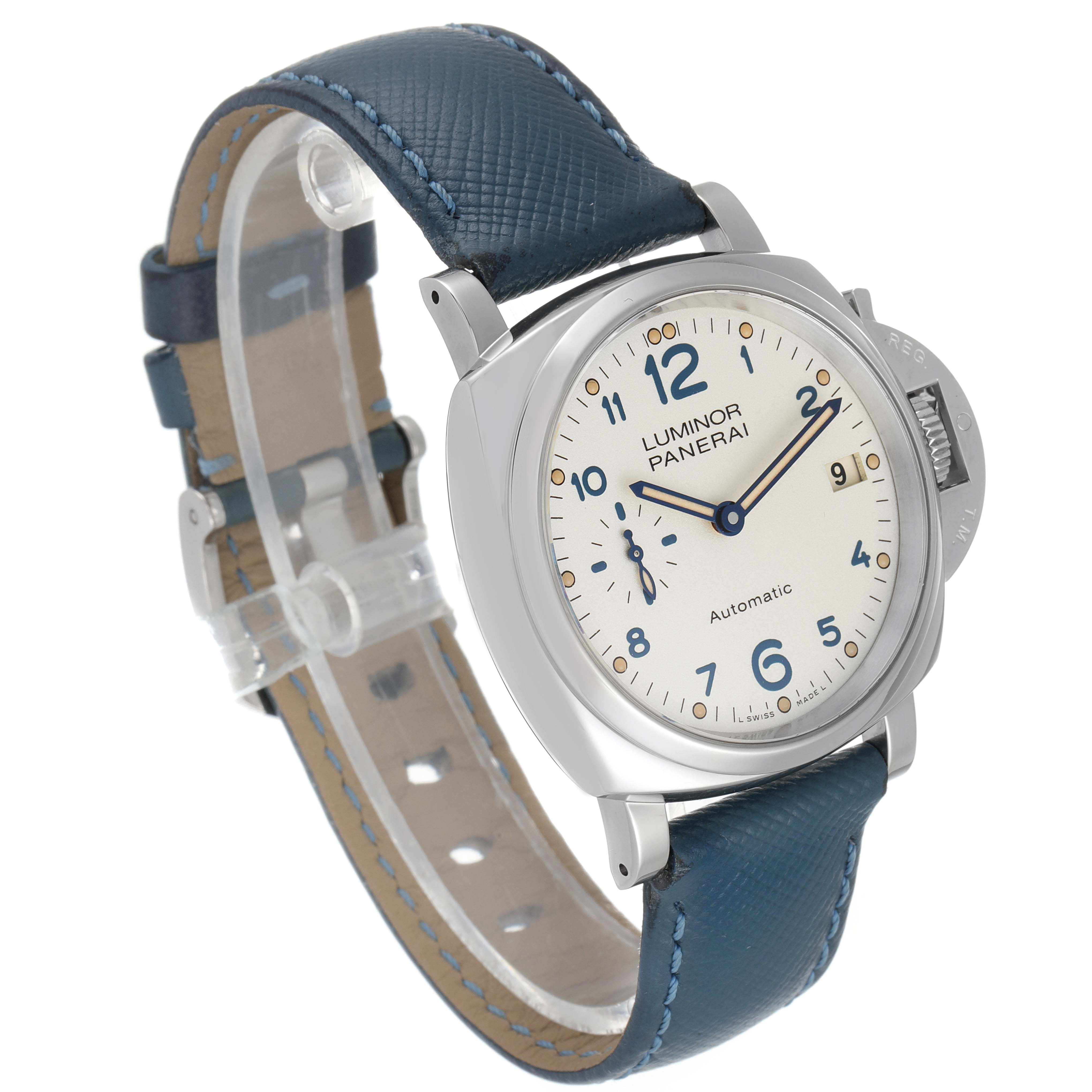 The image shows a Panerai Luminor Due PAM00903 Men
s Stainless Steel Beige Dial PAM00903 Men
s Stainless Steel Beige Dial watch at a three-quarter angle, highlighting the face, case, and blue leather strap.
