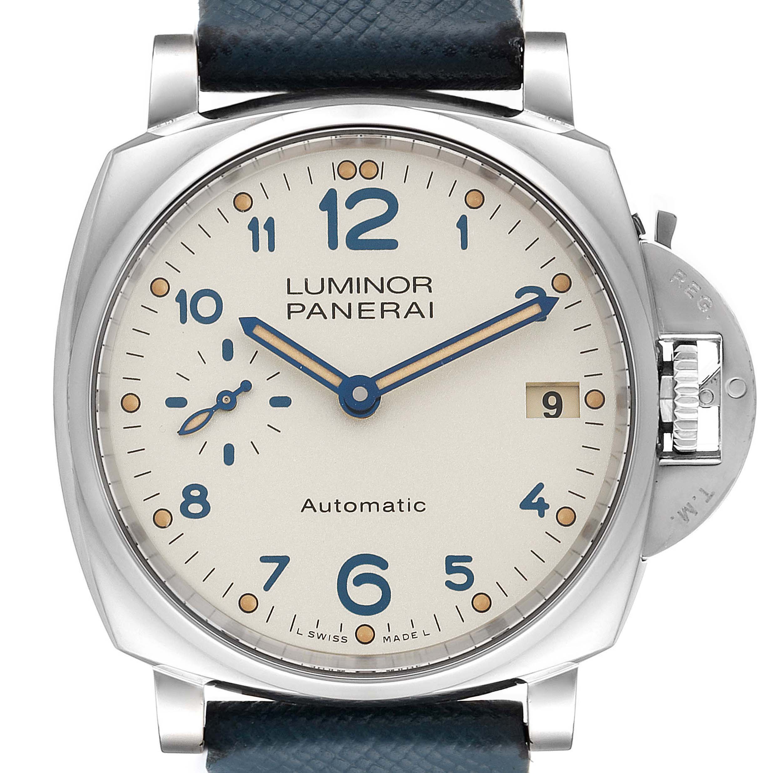 The image shows a front view of a Panerai Luminor Due PAM00903 Men
s Stainless Steel Beige Dial PAM00903 Men
s Stainless Steel Beige Dial watch, displaying its dial, hands, crown guard, and part of the strap.