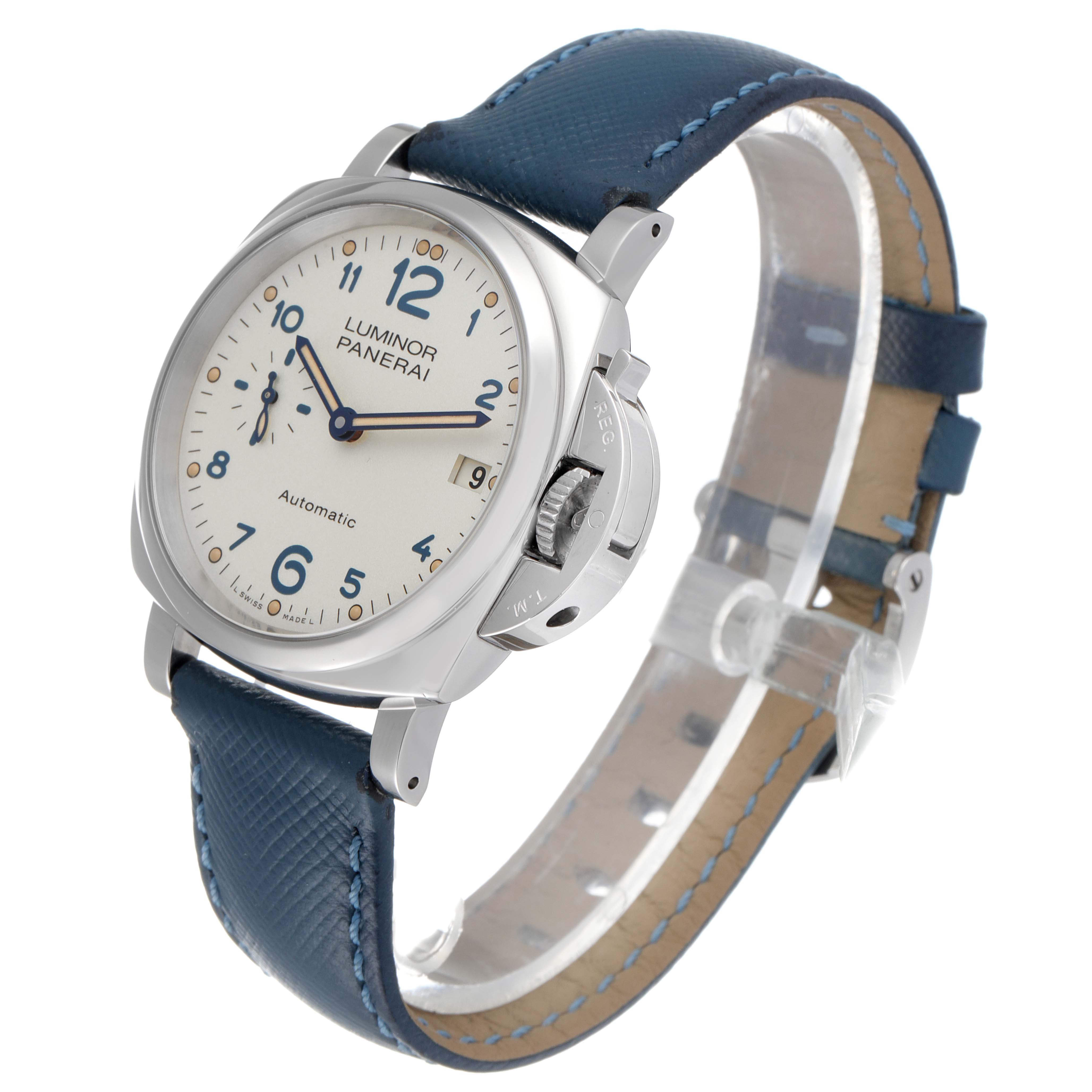 The image shows a side and front angle of the Panerai Luminor Due PAM00903 Men
s Stainless Steel Beige Dial PAM00903 Men
s Stainless Steel Beige Dial watch, highlighting the dial, crown, case, and blue strap.