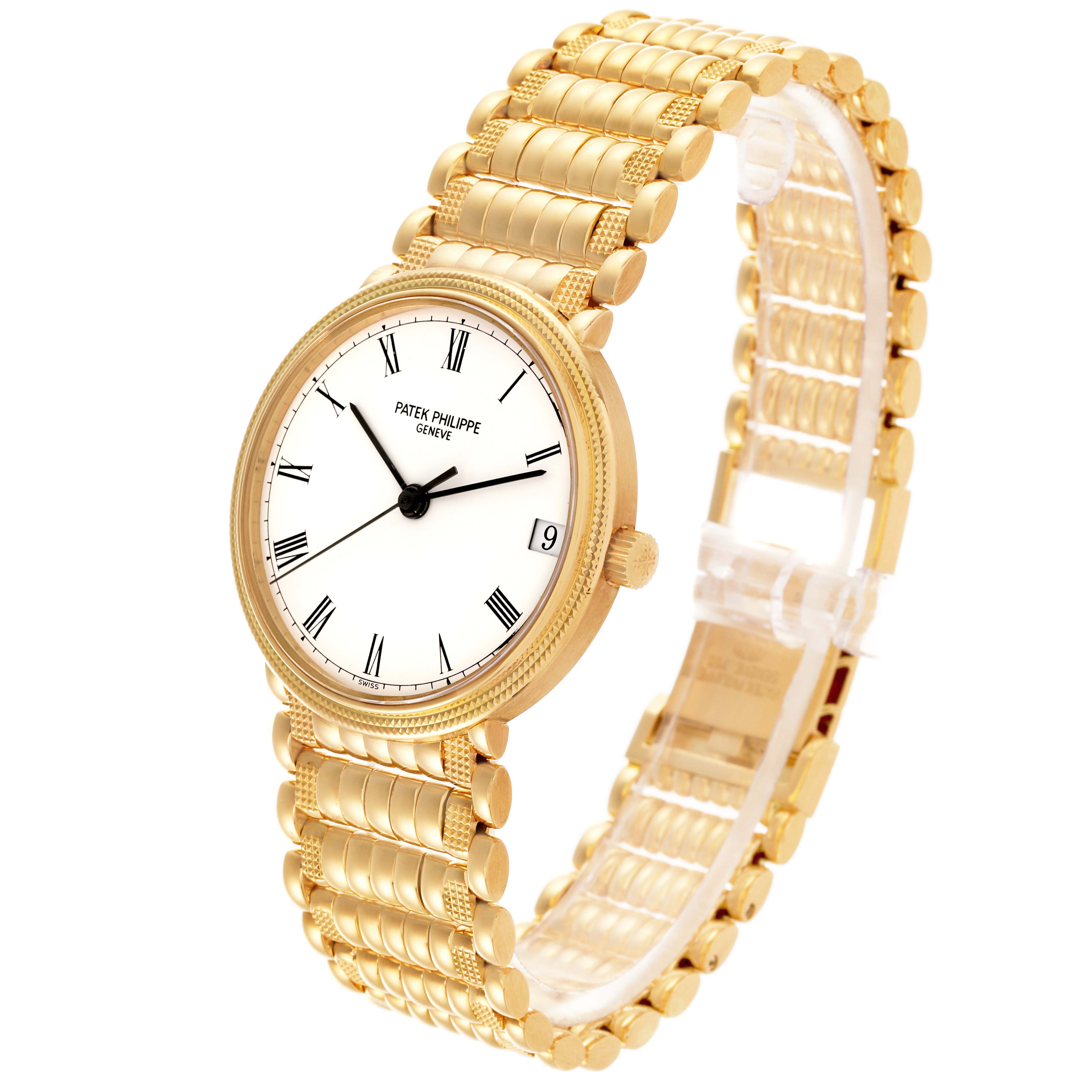 The Patek Philippe Calatrava 3802/200 Men's Yellow Gold White Dial 3802/200 Men's Yellow Gold White Dial watch is shown at a three-quarter angle, highlighting the face, bezel, and gold bracelet.