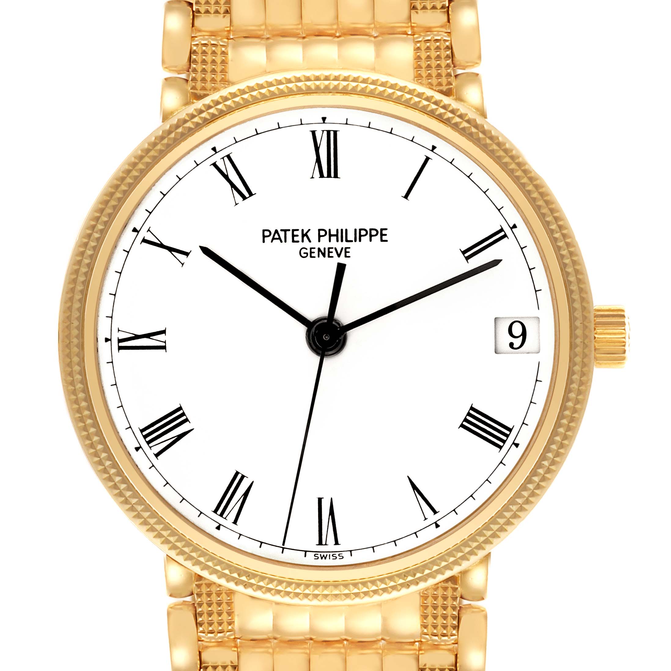 The image shows a frontal view of a Patek Philippe Calatrava 3802/200 Men's Yellow Gold White Dial 3802/200 Men's Yellow Gold White Dial watch, displaying its dial, hands, date window, and part of the bracelet.