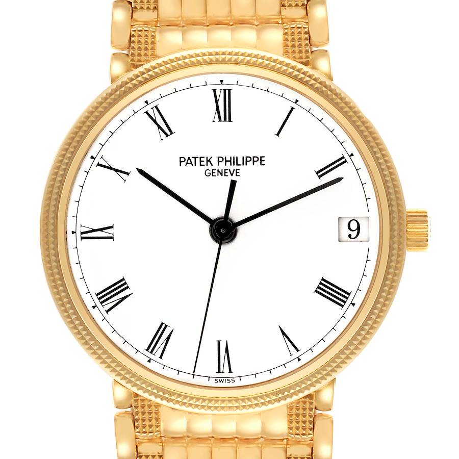 The image shows a frontal view of a Patek Philippe Calatrava watch, displaying its dial, hands, date window, and part of the bracelet.