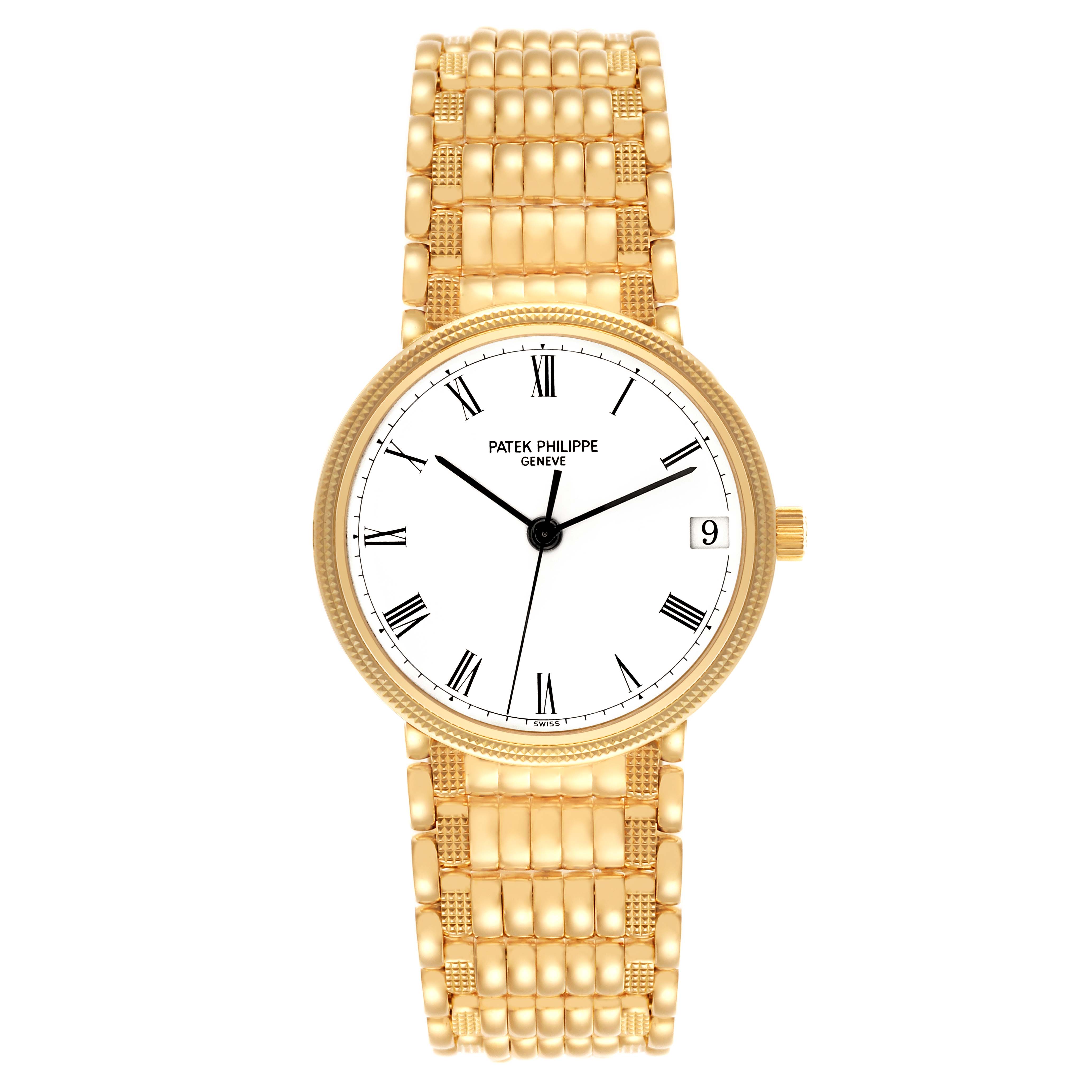 The Patek Philippe Calatrava 3802/200 Men's Yellow Gold White Dial 3802/200 Men's Yellow Gold White Dial watch is shown from a top-down angle, displaying the full face and bracelet.