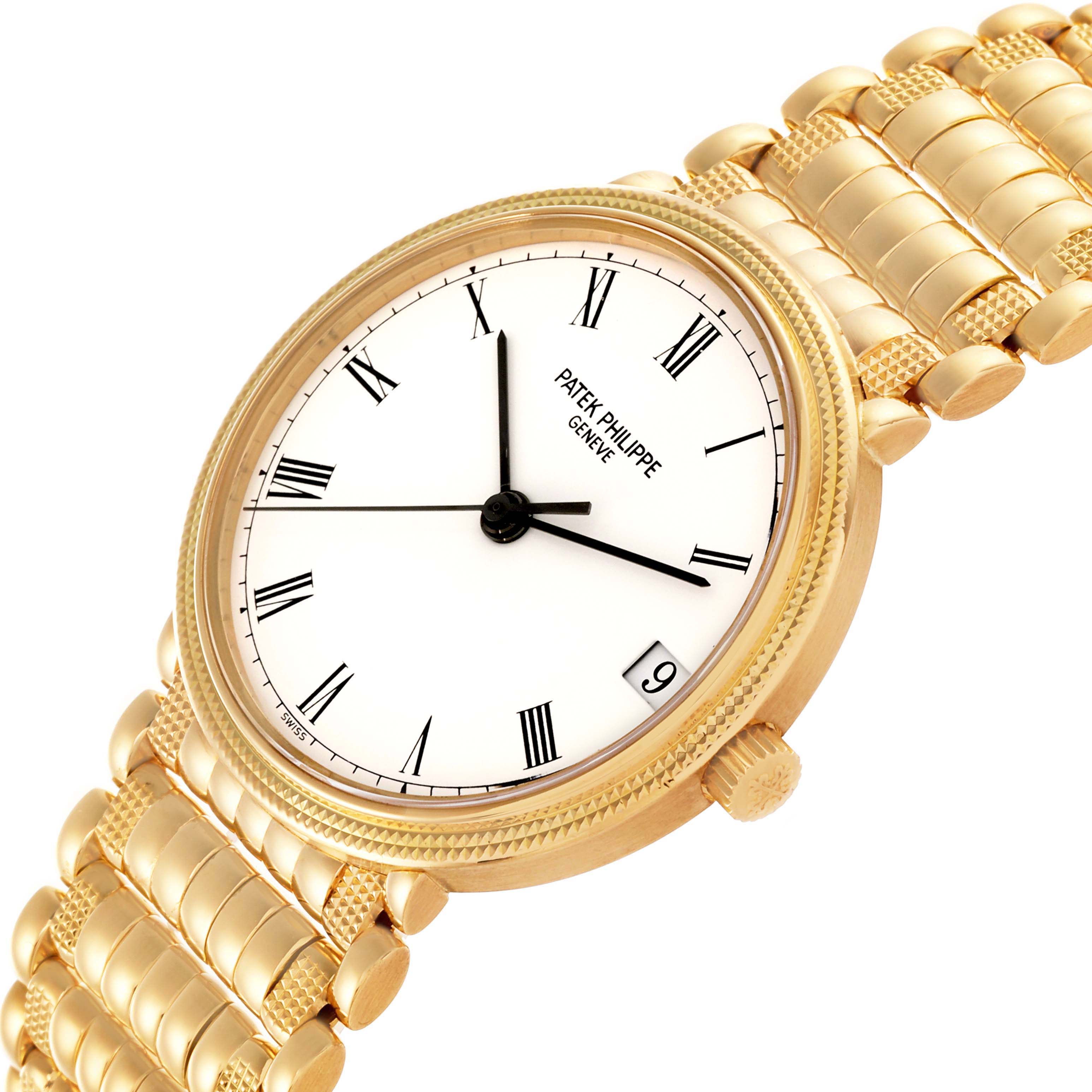 The Patek Philippe Calatrava 3802/200 Men's Yellow Gold White Dial 3802/200 Men's Yellow Gold White Dial watch is shown at an oblique angle, displaying the face, Roman numerals, bracelet, and crown.