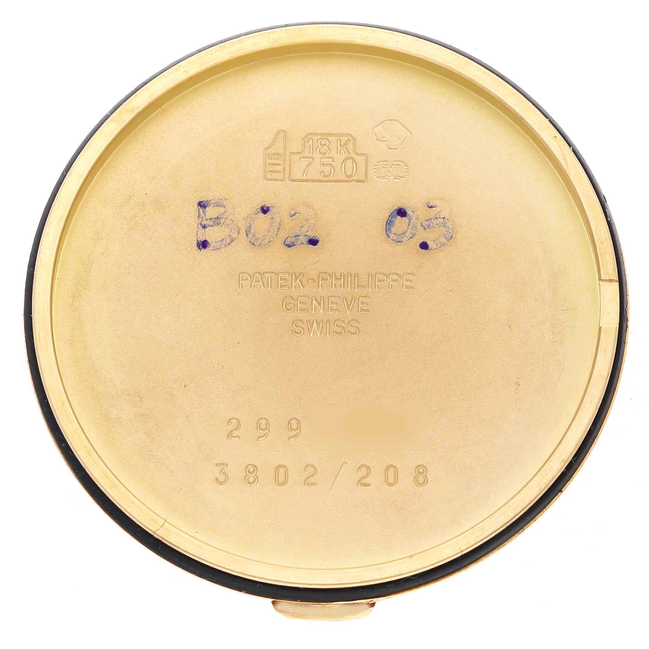 The image shows the inside of the case back for a Patek Philippe Calatrava 3802/200 Men's Yellow Gold White Dial 3802/200 Men's Yellow Gold White Dial watch, featuring inscriptions and gold markings.