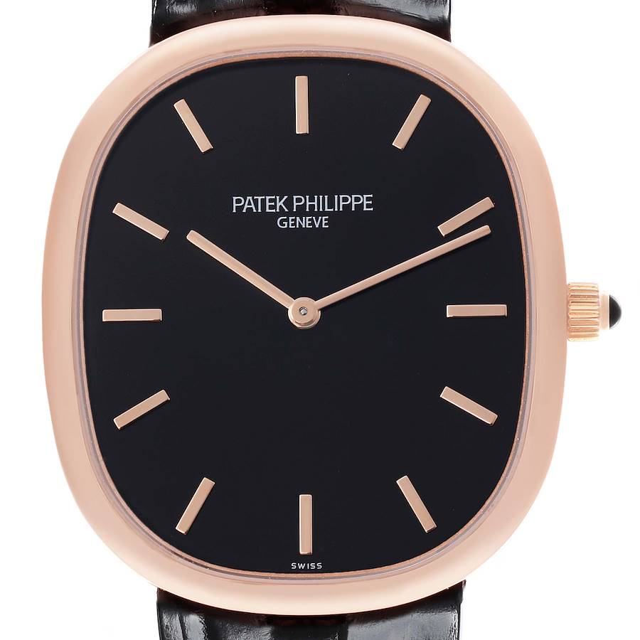 The Patek Philippe Golden Ellipse watch is shown from the front, highlighting its dial, hands, indices, and crown.