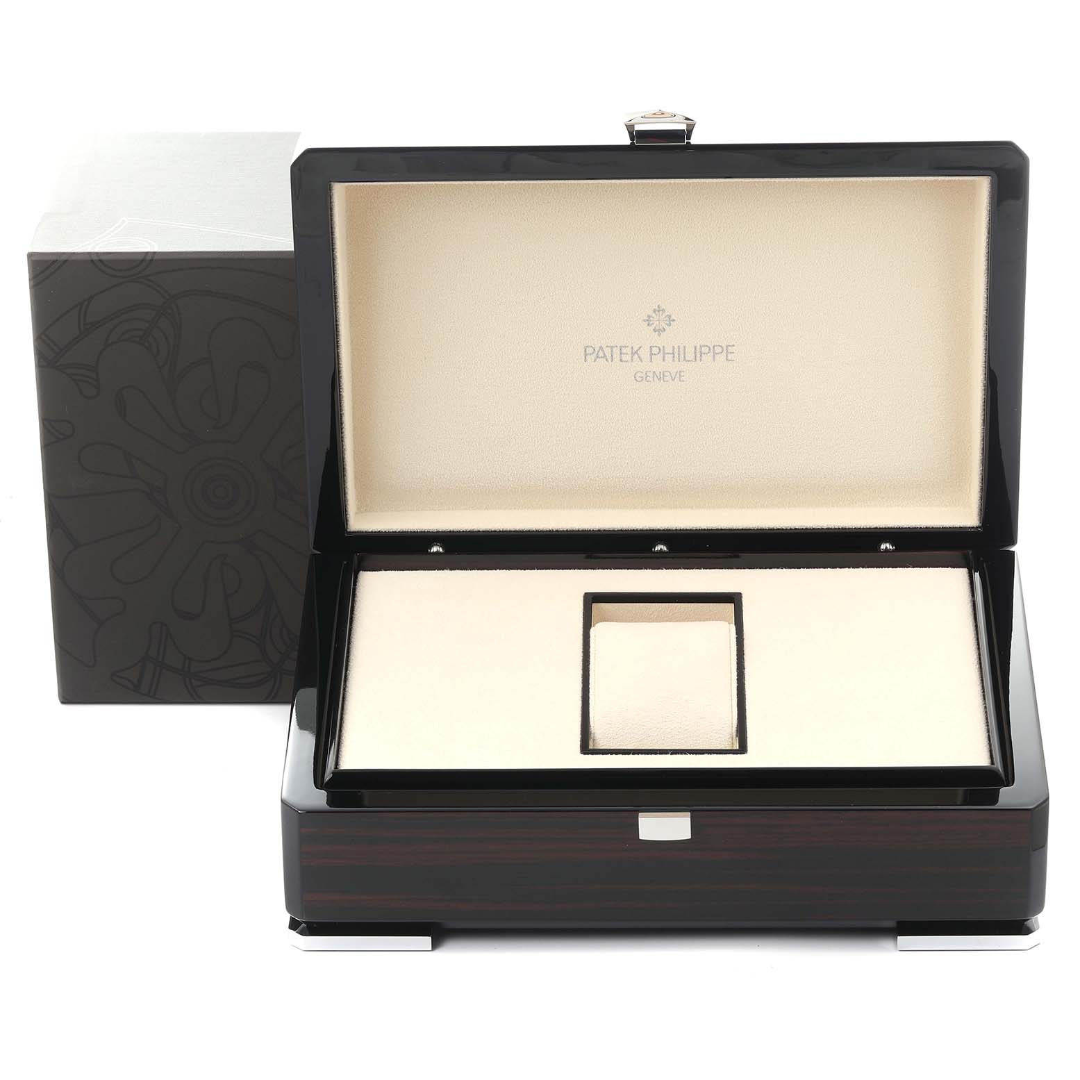 This image shows the open box for a Patek Philippe Gondolo 5135J-001 Men's Yellow Gold Silver Dial 5135J-001 Men's Yellow Gold Silver Dial watch, highlighting the interior packaging.