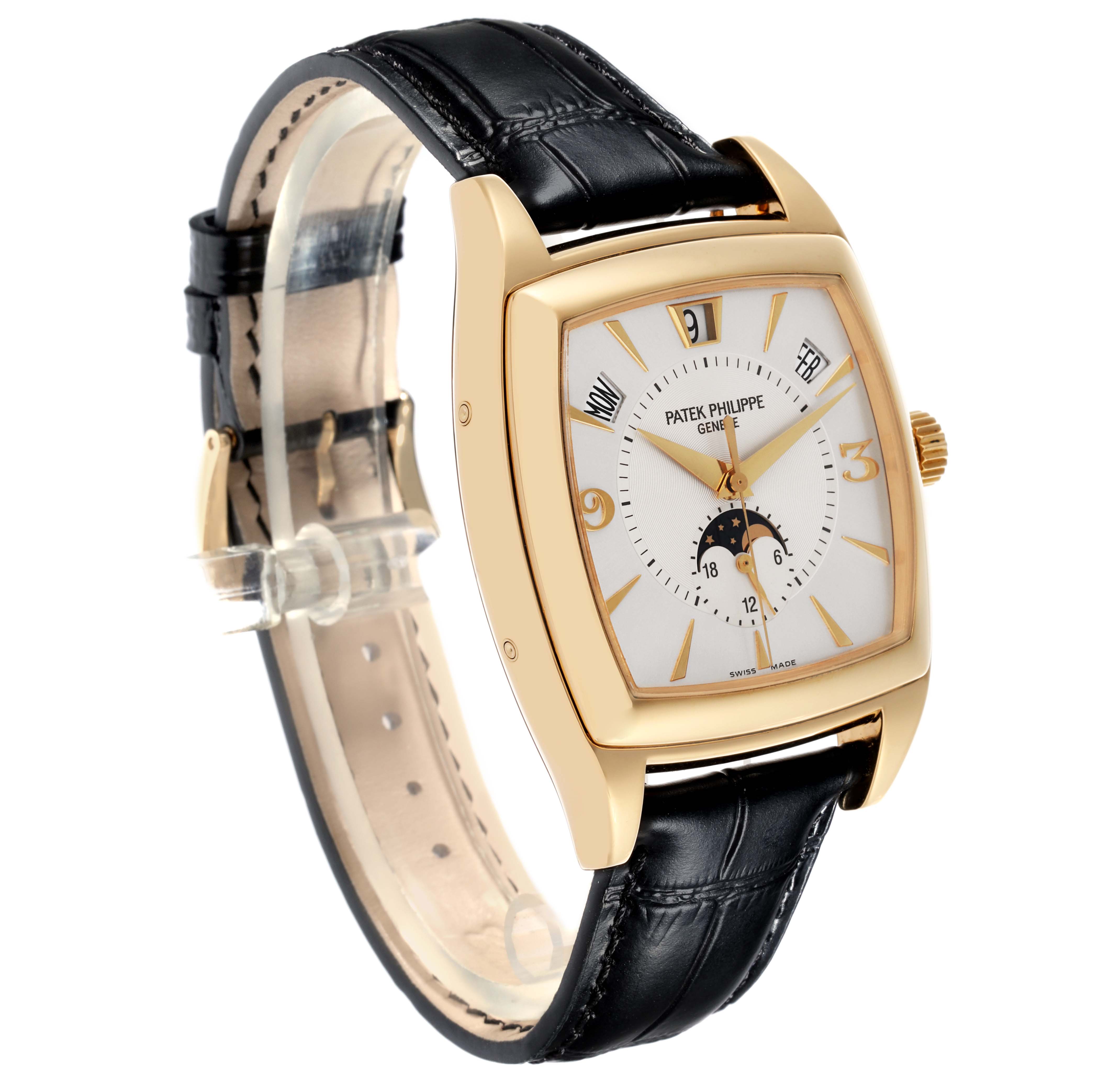 The Patek Philippe Gondolo 5135J-001 Men's Yellow Gold Silver Dial 5135J-001 Men's Yellow Gold Silver Dial watch is shown at a three-quarter angle, displaying the dial, case, crown, and leather strap.