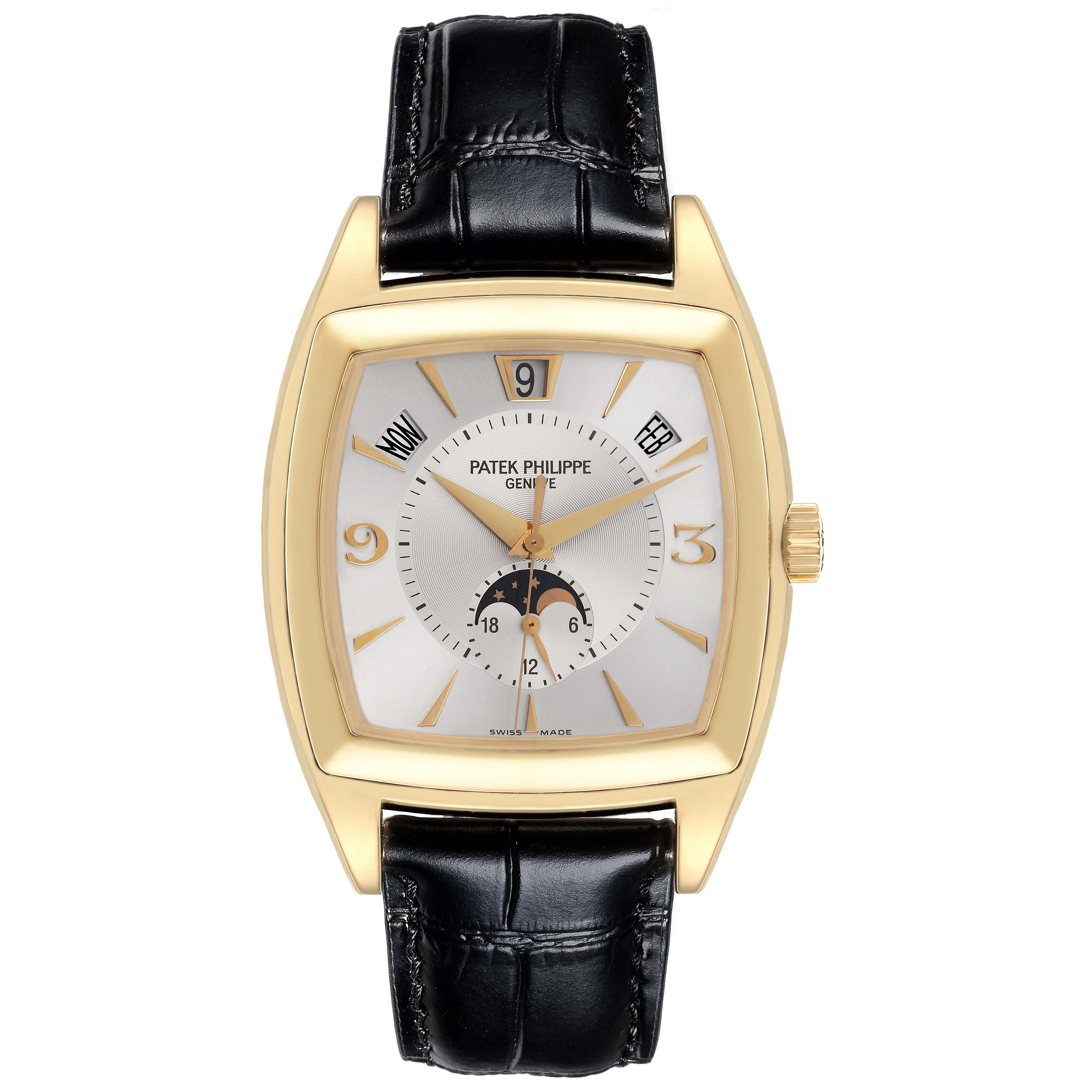 This Patek Philippe Gondolo 5135J-001 Men's Yellow Gold Silver Dial 5135J-001 Men's Yellow Gold Silver Dial watch is shown from a front angle, displaying its dial, case, and strap.
