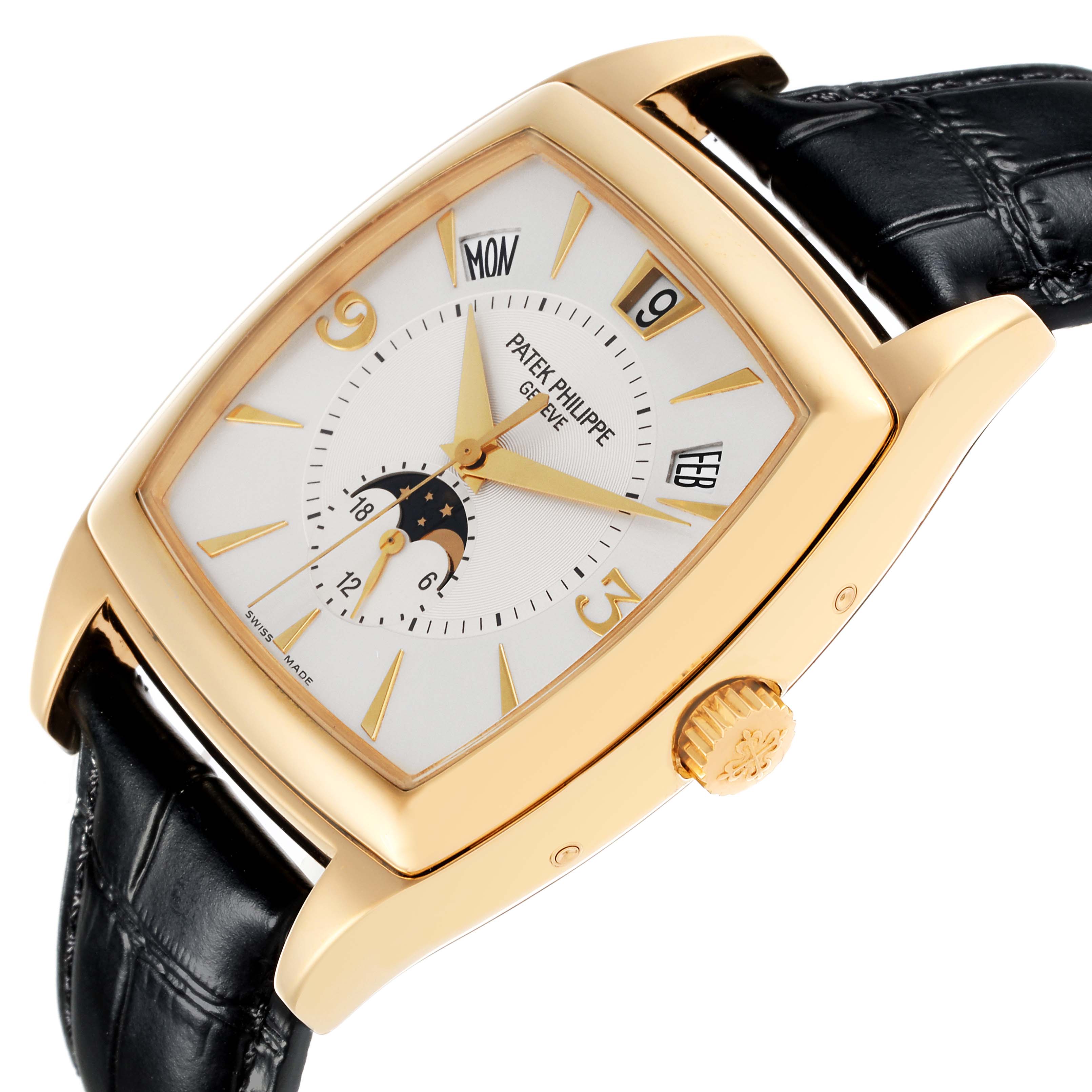The Patek Philippe Gondolo 5135J-001 Men's Yellow Gold Silver Dial 5135J-001 Men's Yellow Gold Silver Dial watch is shown from a side angle featuring the dial, crown, and leather strap.