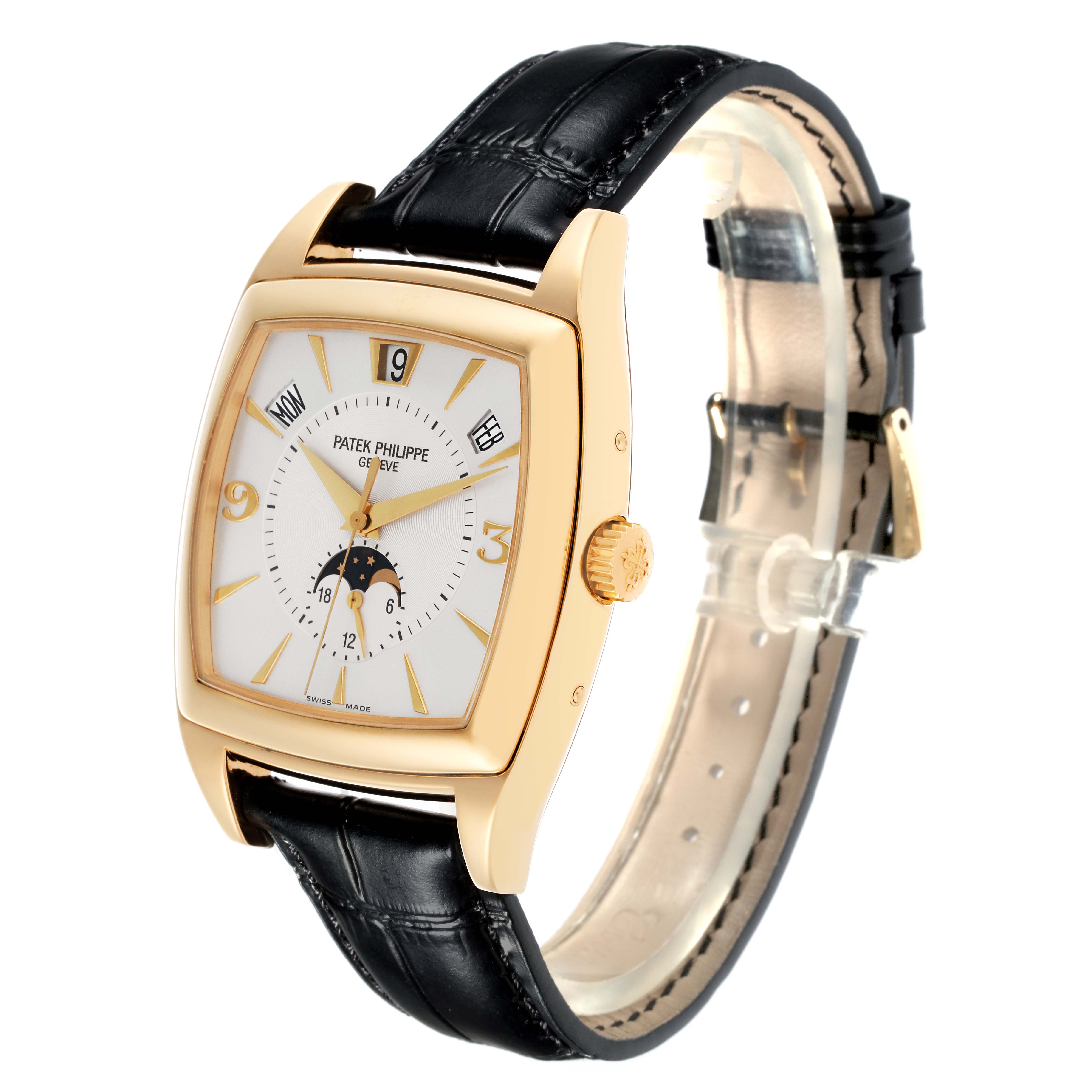 The Patek Philippe Gondolo 5135J-001 Men's Yellow Gold Silver Dial 5135J-001 Men's Yellow Gold Silver Dial watch is shown at a three-quarter angle, displaying the face, crown, and leather strap.
