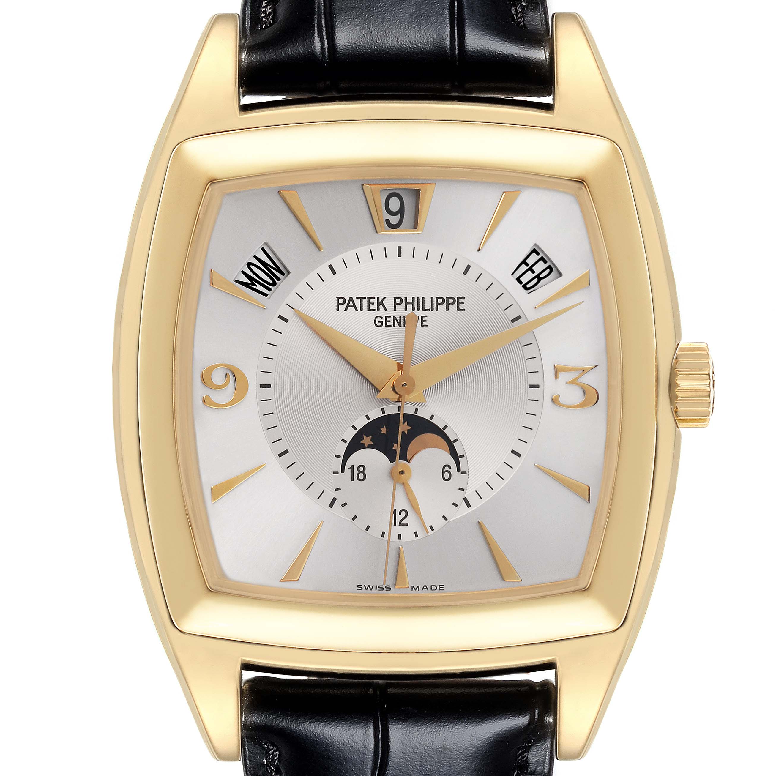The Patek Philippe Gondolo 5135J-001 Men's Yellow Gold Silver Dial 5135J-001 Men's Yellow Gold Silver Dial watch is shown from a front angle, highlighting its gold case, moonphase dial, and black leather strap.