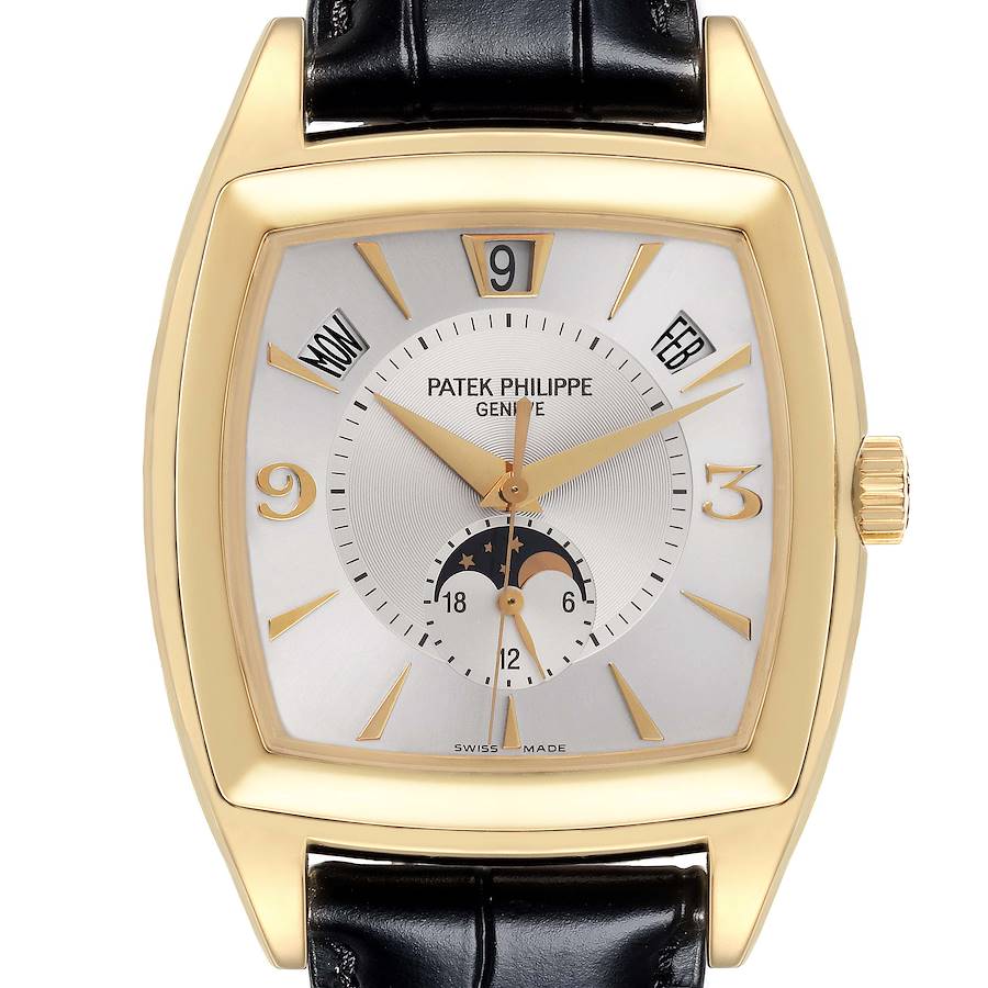 The Patek Philippe Gondolo watch is shown from a front angle, highlighting its gold case, moonphase dial, and black leather strap.