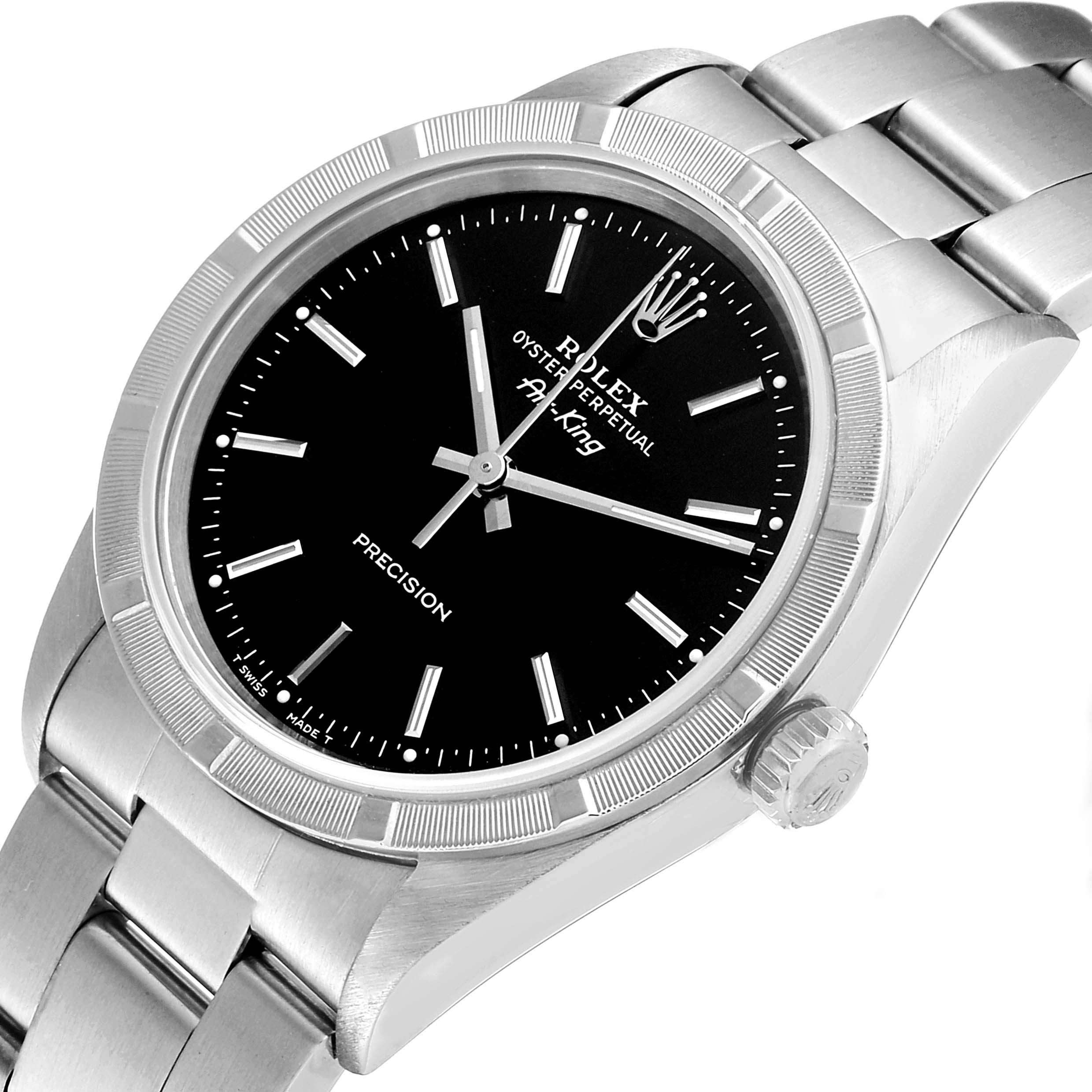 The image shows a close-up, angled view of the Rolex Air-King 14010 Men's Stainless Steel Black Dial 14010 Men's Stainless Steel Black Dial watch, highlighting its face, bezel, crown, and bracelet.