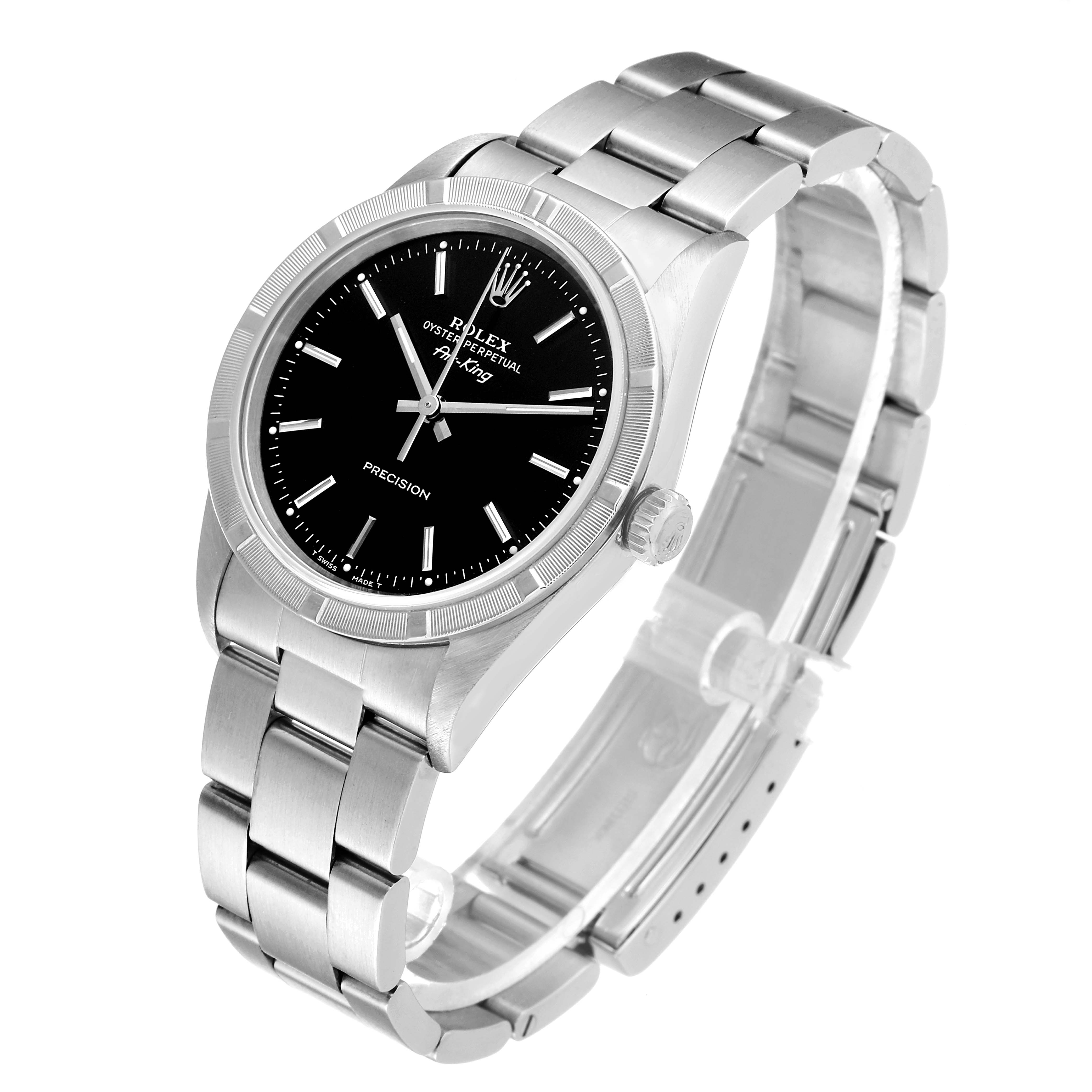 The Rolex Air-King 14010 Men's Stainless Steel Black Dial 14010 Men's Stainless Steel Black Dial watch is shown at a three-quarter angle, displaying the face, bracelet, and crown.